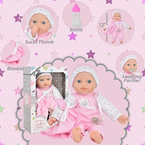 Miniatura 4 de Muñeca de bebé de cuerpo suave de 12 pulgadas en caja de regalo muñeca de bebé con chupete manta y ropa rosa
