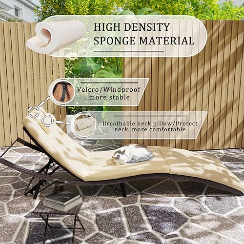 Miniatura 4 de Kullavik Lounge Chair for Outside,3 Pieces Chaise Lounge Outdoor Folding Pool Lounge Chairs Including Table Rattan Patio Furniture Set,Khaki