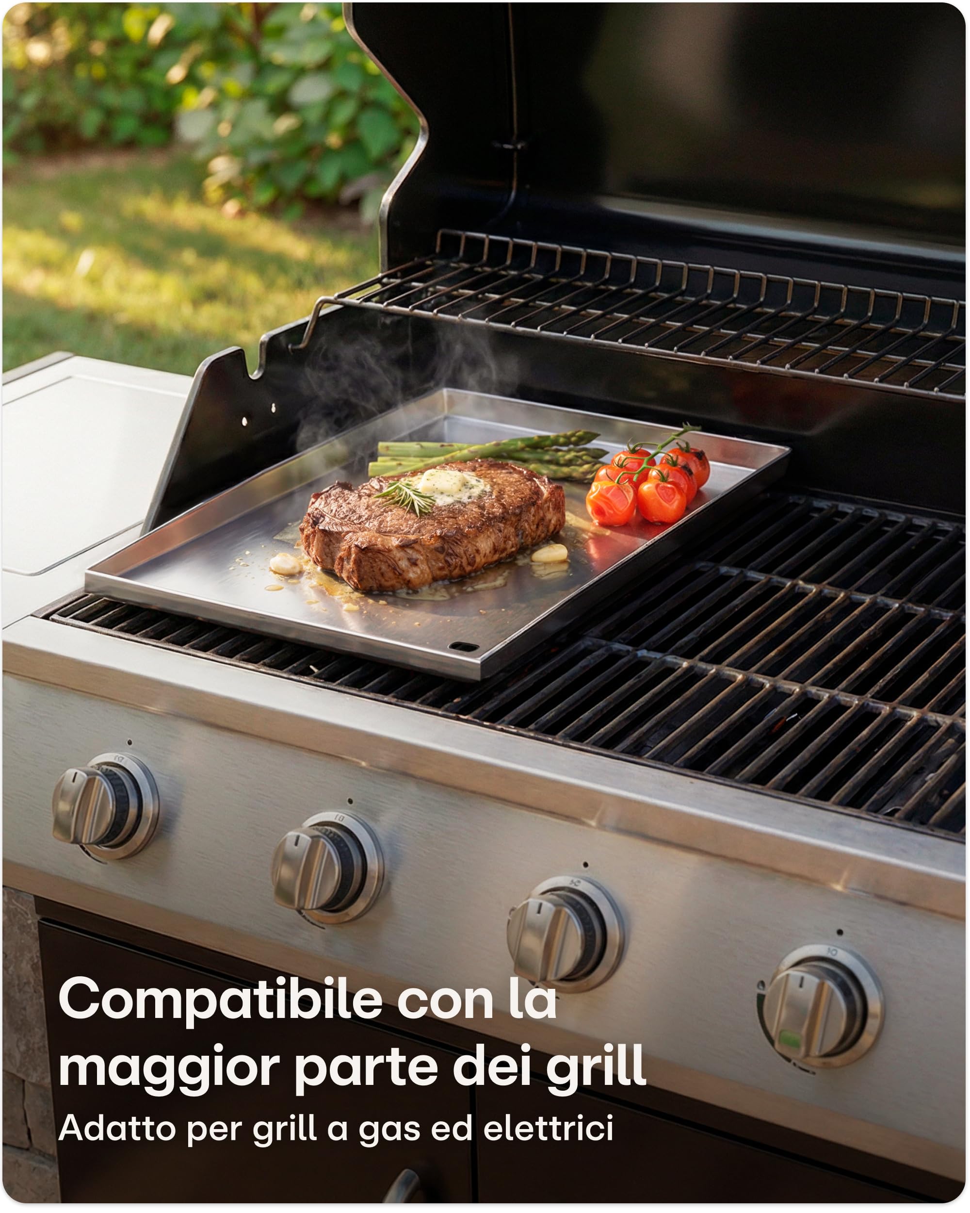 Praknu Piastra Plancha da Barbecue (30x40cm) – Piastra per Barbecue a Gas per Smash Burger– 2 Spatole Incluse – Piastra di Cottura per Barbecue a Gas e Carbonella – Piastra in Acciaio Facile da Pulire