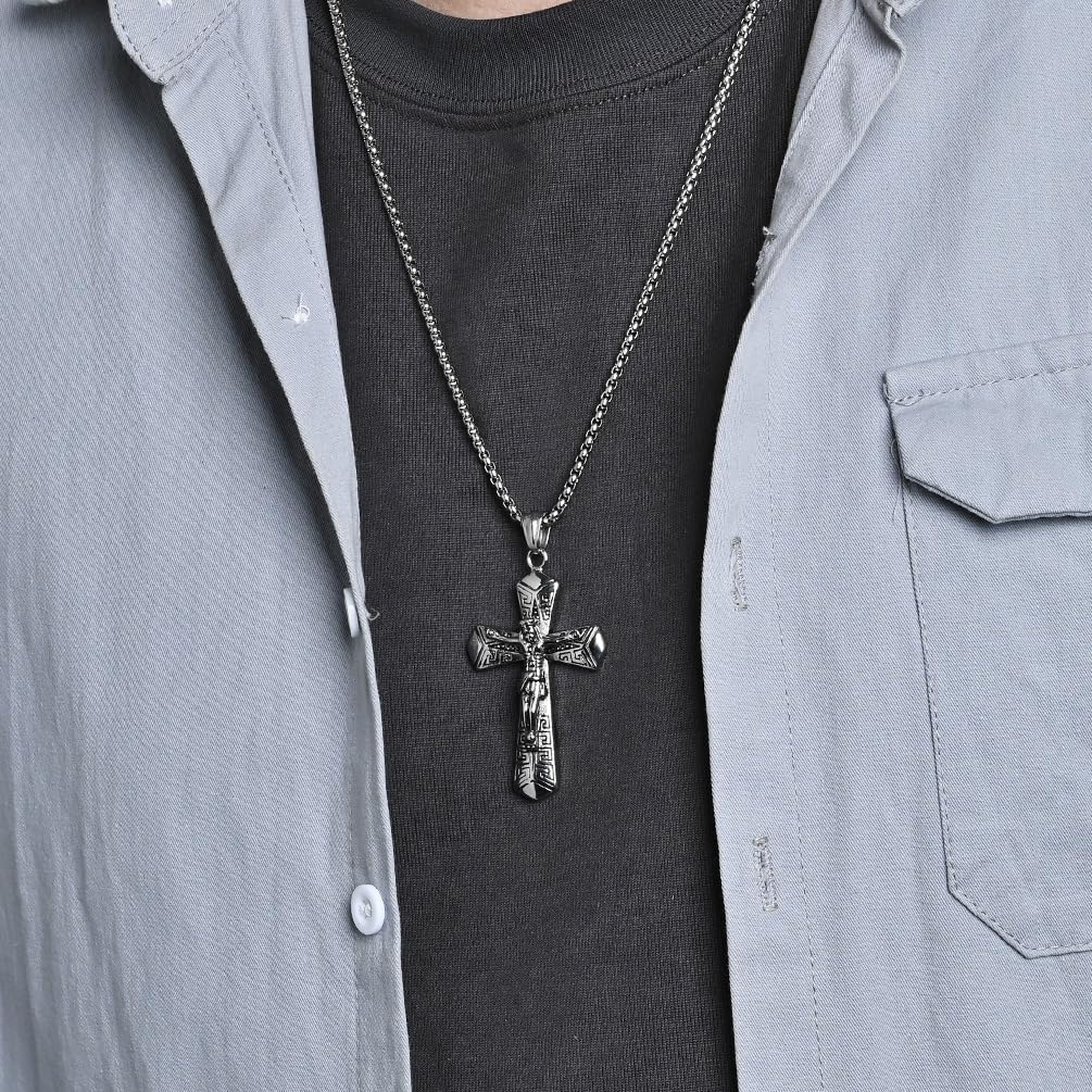 Men Wrench Cross Necklace,Stainless Steel Black Silver Crucifix Jesus Pendant Necklace Baptism Christian Jewelry,60cm Rolo Chain - Image 3