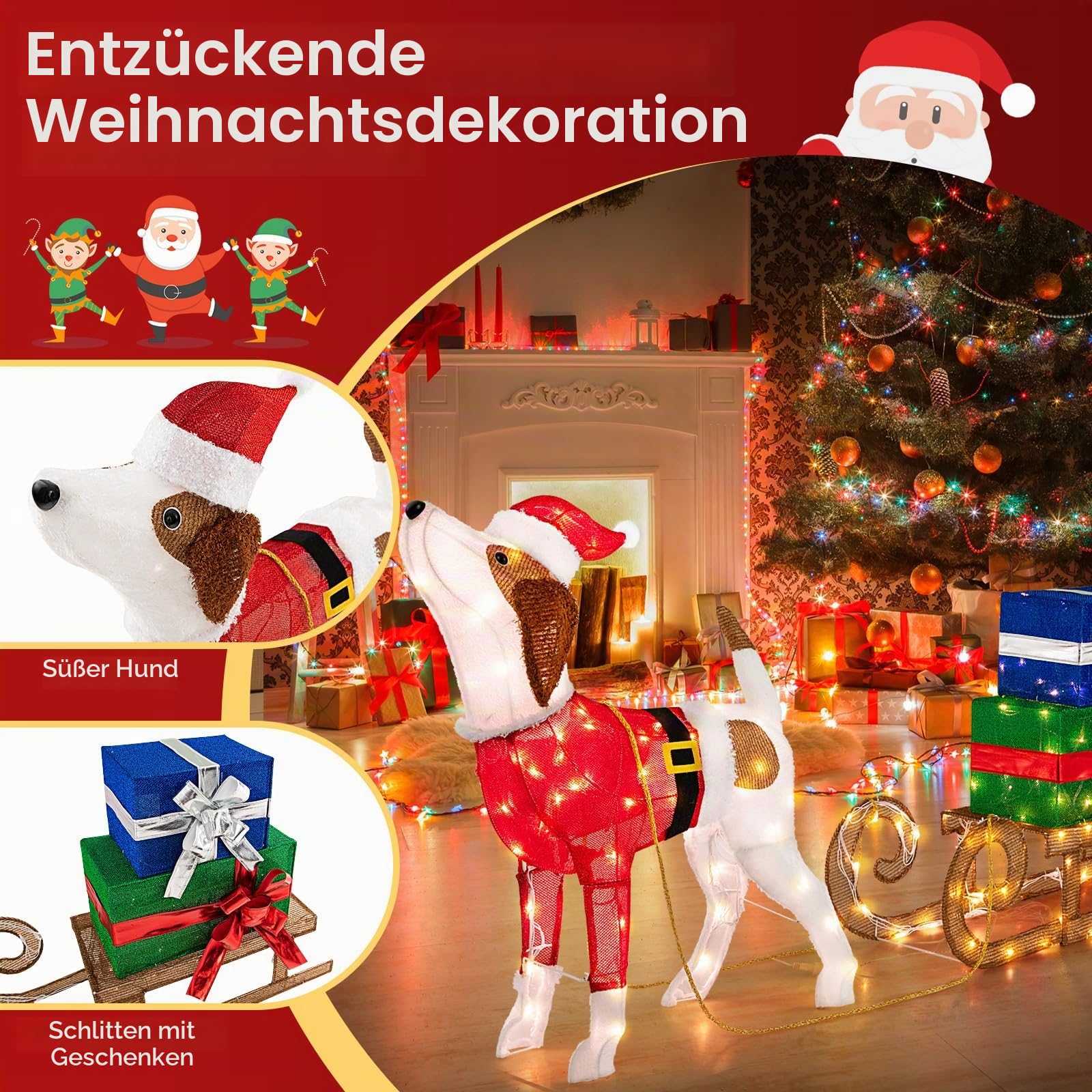 FANTASK Hundeschlitten und Geschenkbox mit 170 warmen LED-Lichtern, Weihnachtsdeko Hund mit Schlitten, Weihnachtsdekoration für außen und innen