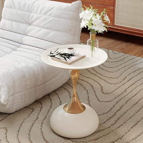 Miniatura 2 de Mesa auxiliar redonda de metal, mesa de pedestal moderna, mesas de bebidas de esquina, mesita de noche para sala de estar, patio y bar (blanco crema)