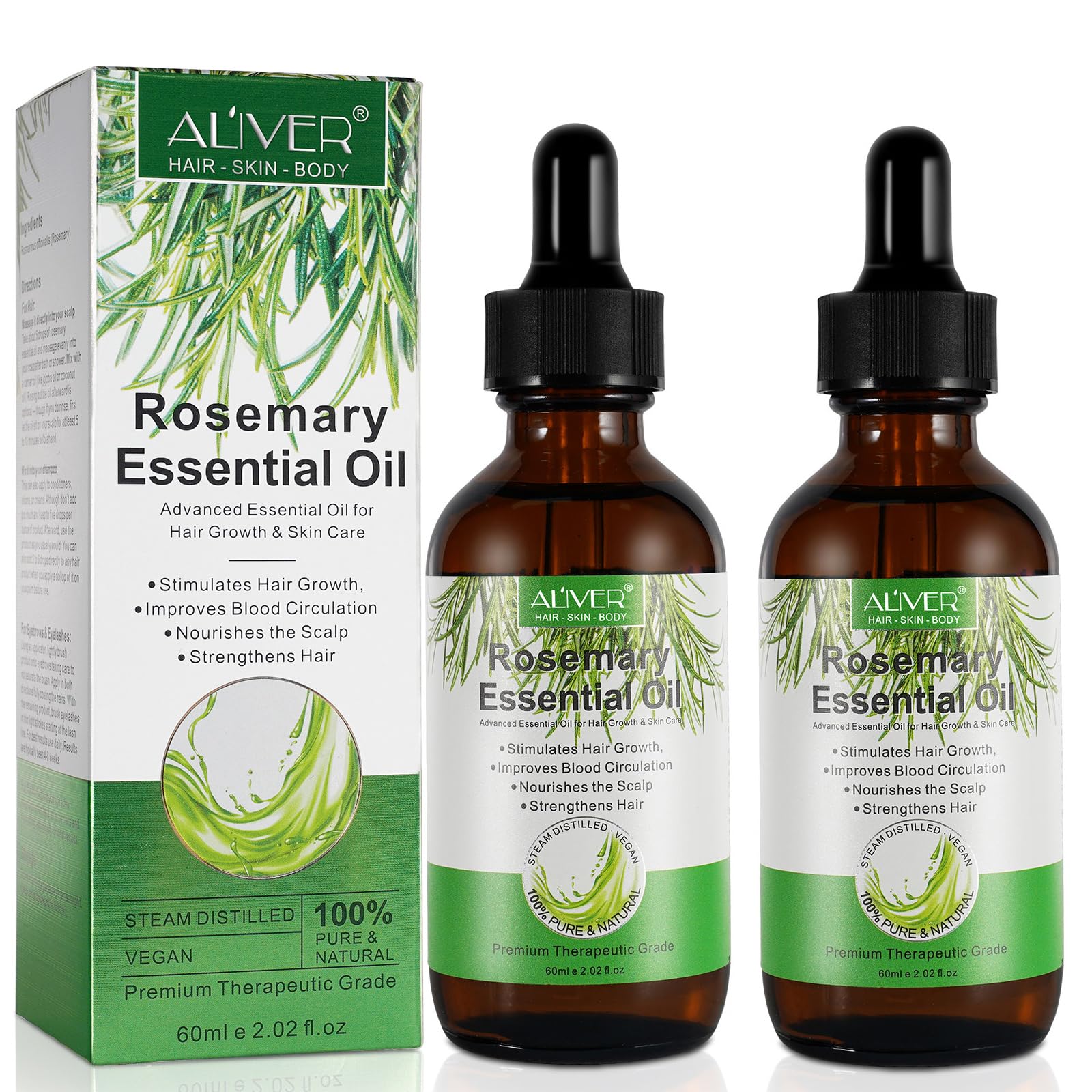 Rosemary Oil for Hair Growth (2 Pack), 100% Puro Rosemary Oil, Aceite Esencial Romero Para el Cabello y la Piel - Estimular el crecimiento del cabello y nutrir el cuero cabelludo seco, 60ml