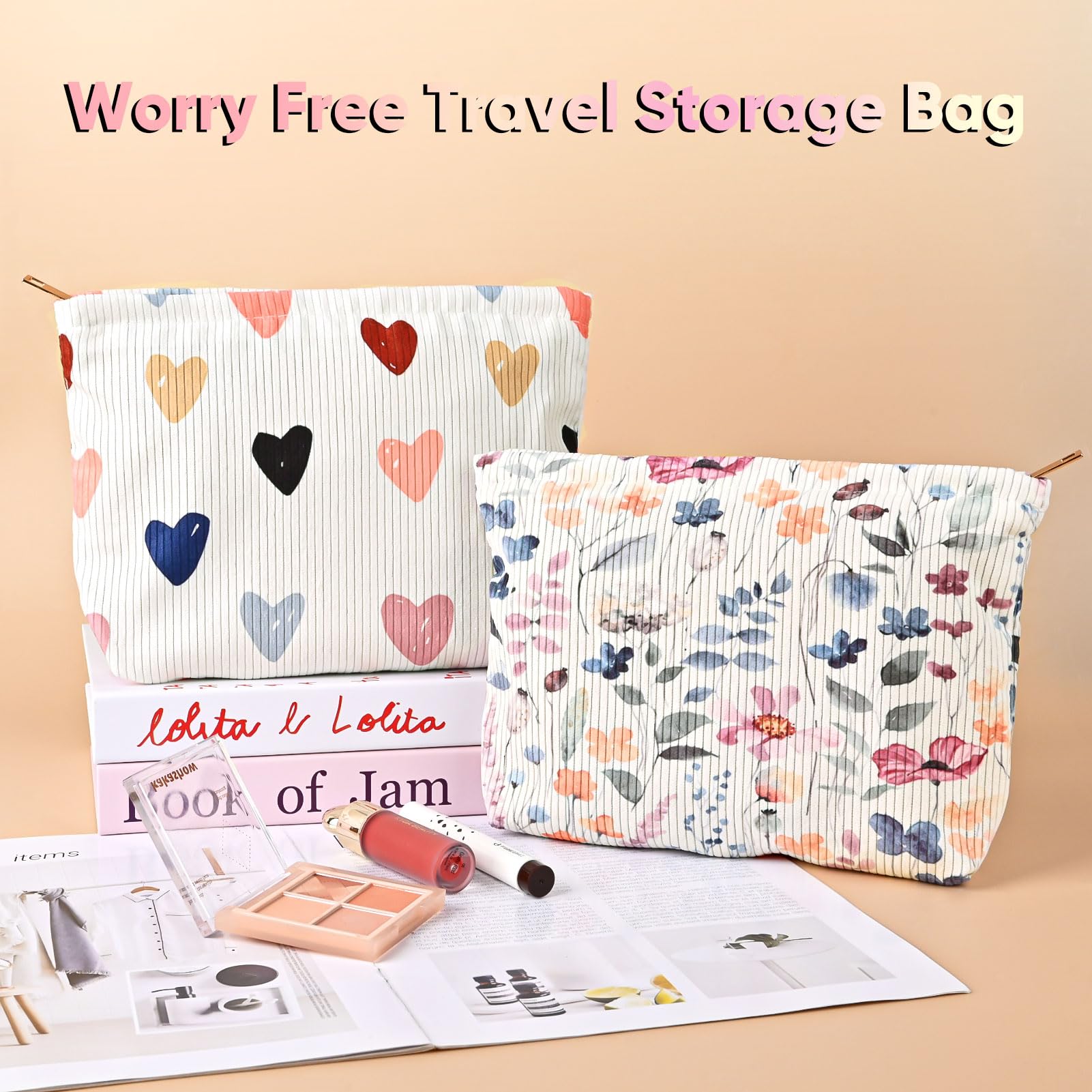 Ksriylm Cute Cosmetic Bag for Women,Floral Pattern Canvas Toiletry Organizer Storage with Purse Zipper,Small Multifunctional Travel Makeup Bag,Aesthetic Travel Toiletry Bags - Image 3