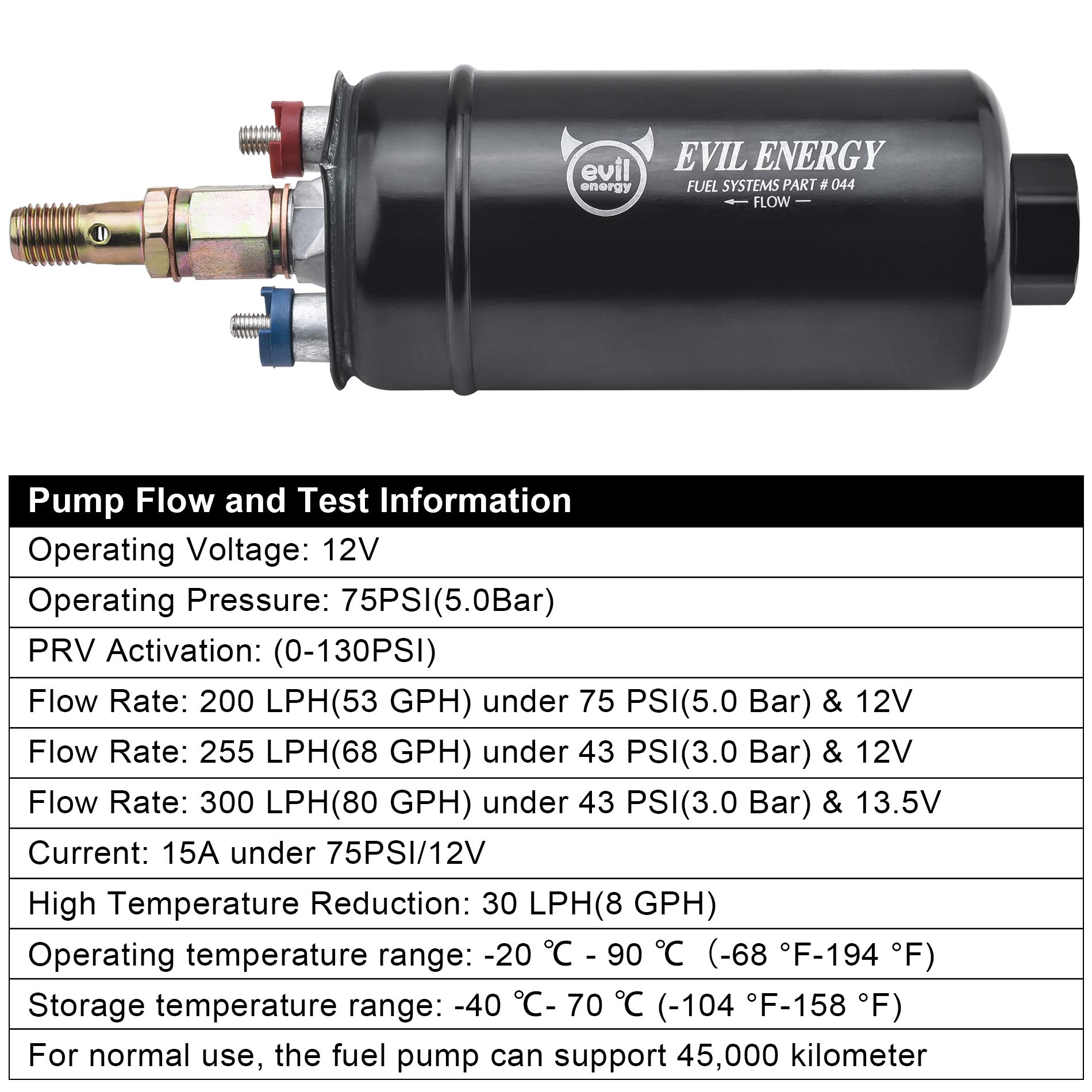 EVIL ENERGY External Fuel Pump 300LPH High Flow 12V 145psi Universal