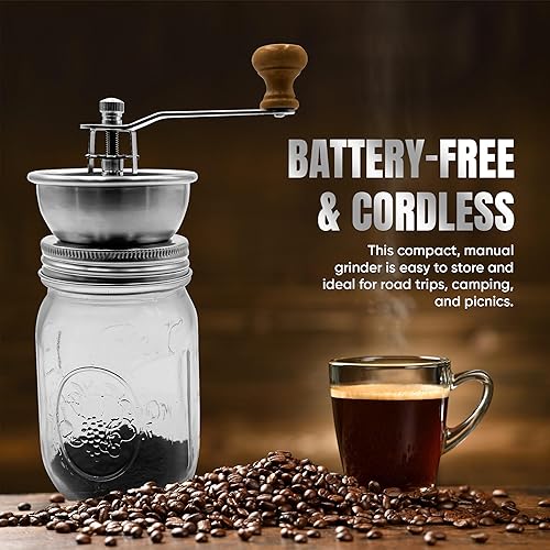 Miniatura 4 de Molinillo de café de acero inoxidable para tarros Mason de boca regular, molinillo manual de manivela para café fresco, ideal para camping, barista
