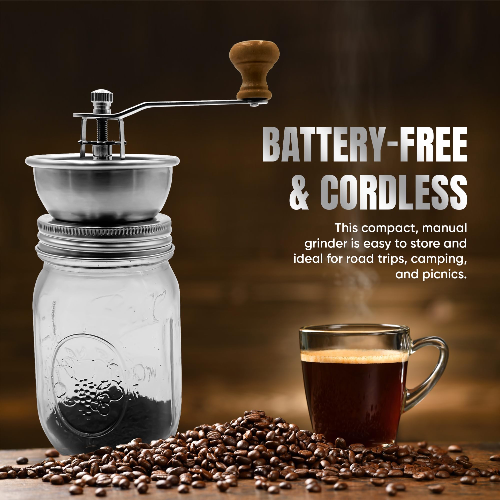 Stainless Steel Coffee Grinder Lid Attachment for Regular Mouth Mason Jars - Manual Crank Burr Grinder for Fresh Coffee, Ideal for Camping, Home Barista, Rust Proof Ceramic Mechanism - 4