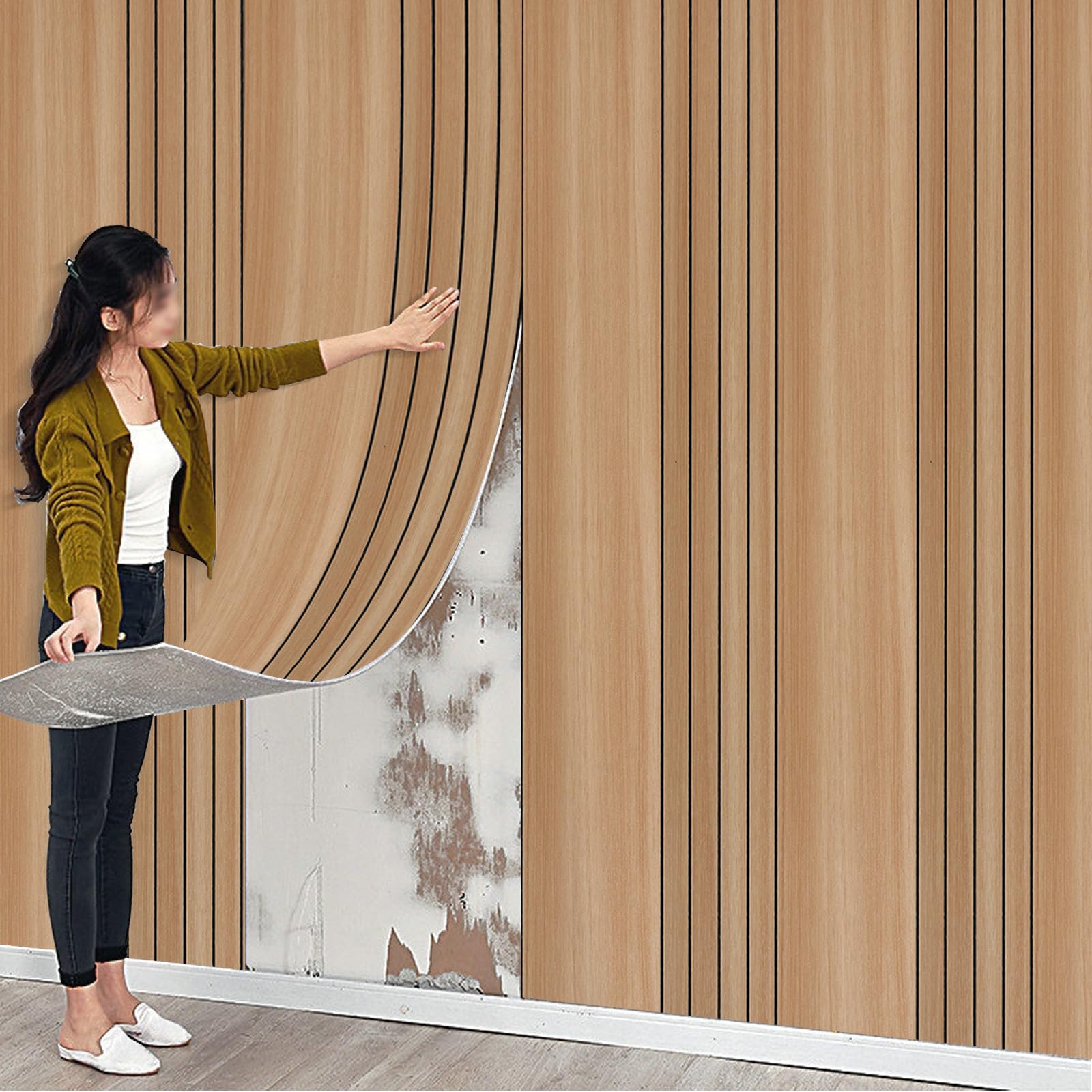 Anttyscar Thick Faux Wood Slat Wallpaper, Peel and Stick 3D Foil Insulation Self Adhesive Wall Panels Brown Wallpaper Sound Absorbing Wooden Slats for Bathroom, Bedroom, Kitchen, Living Room 40cm*3m — image 1