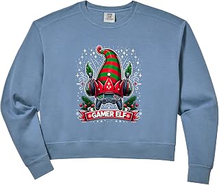 Women's Gamer Elf Christmas Gaming Controller Holiday Humor Comfort Colors Crop Sweatshirt
