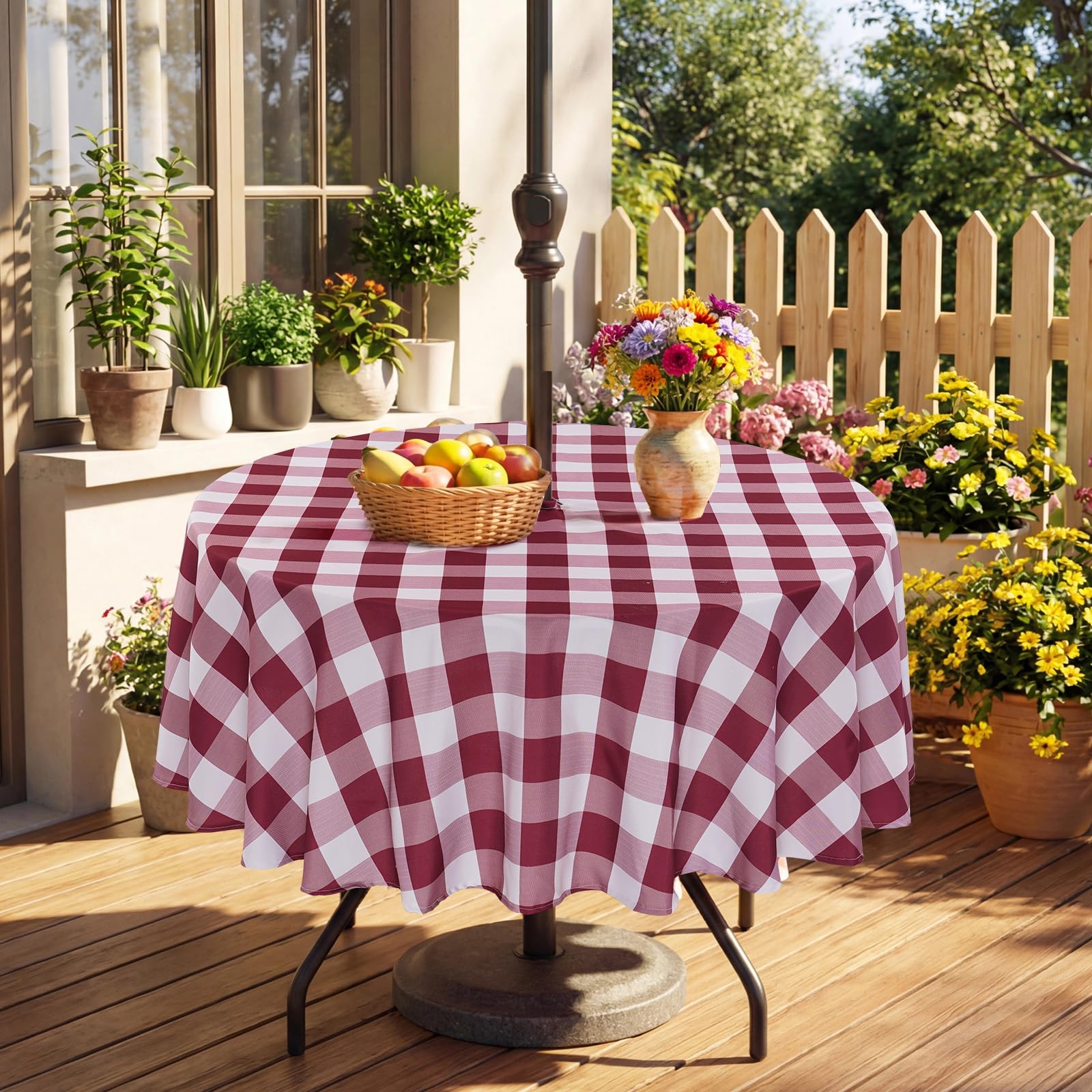 Eternal Beauty 70" Round Tablecloth Waterproof Outdoor Tablecloth with Umbrella Hole Zipper for Spring Summer Patio Picnic Tables (Burgundy Red Check, 70" Round)
