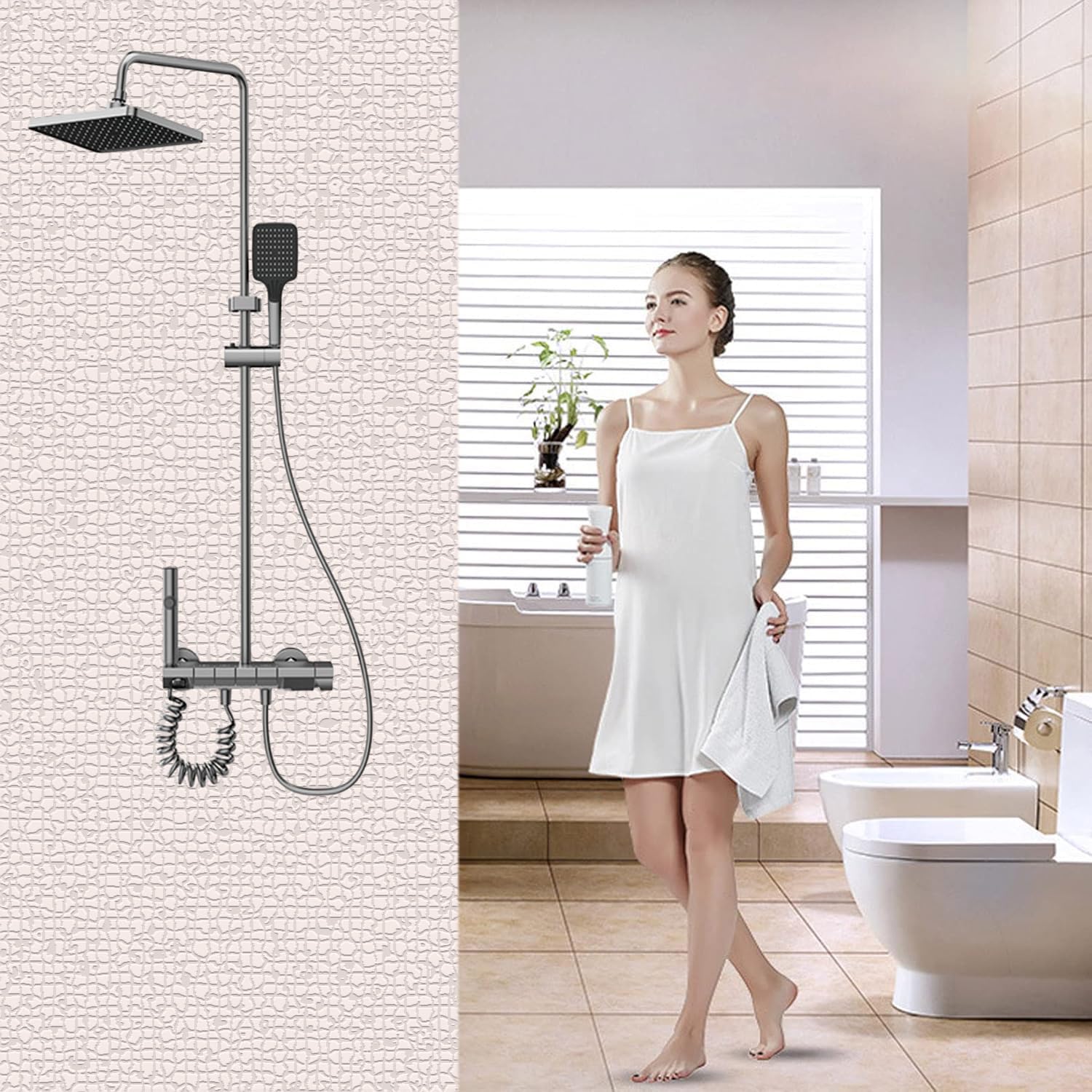 Vetrineinrete® Set colonna doccia termostatica 4 vie soffione grande doccetta rubinetto idroscopino miscelatore con ripiano integrato design moderno grigio scuro