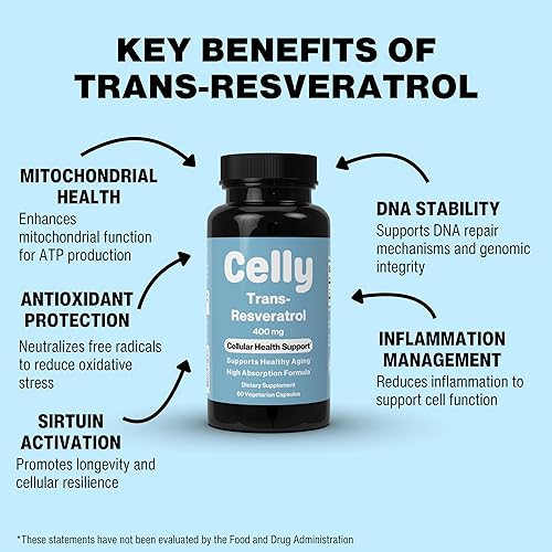 Miniatura 3 de Celly Trans-Resveratrol 400mg  Suplemento de longevidad para un envejecimiento saludable y salud celular  Alta absorción para el máximo beneficio