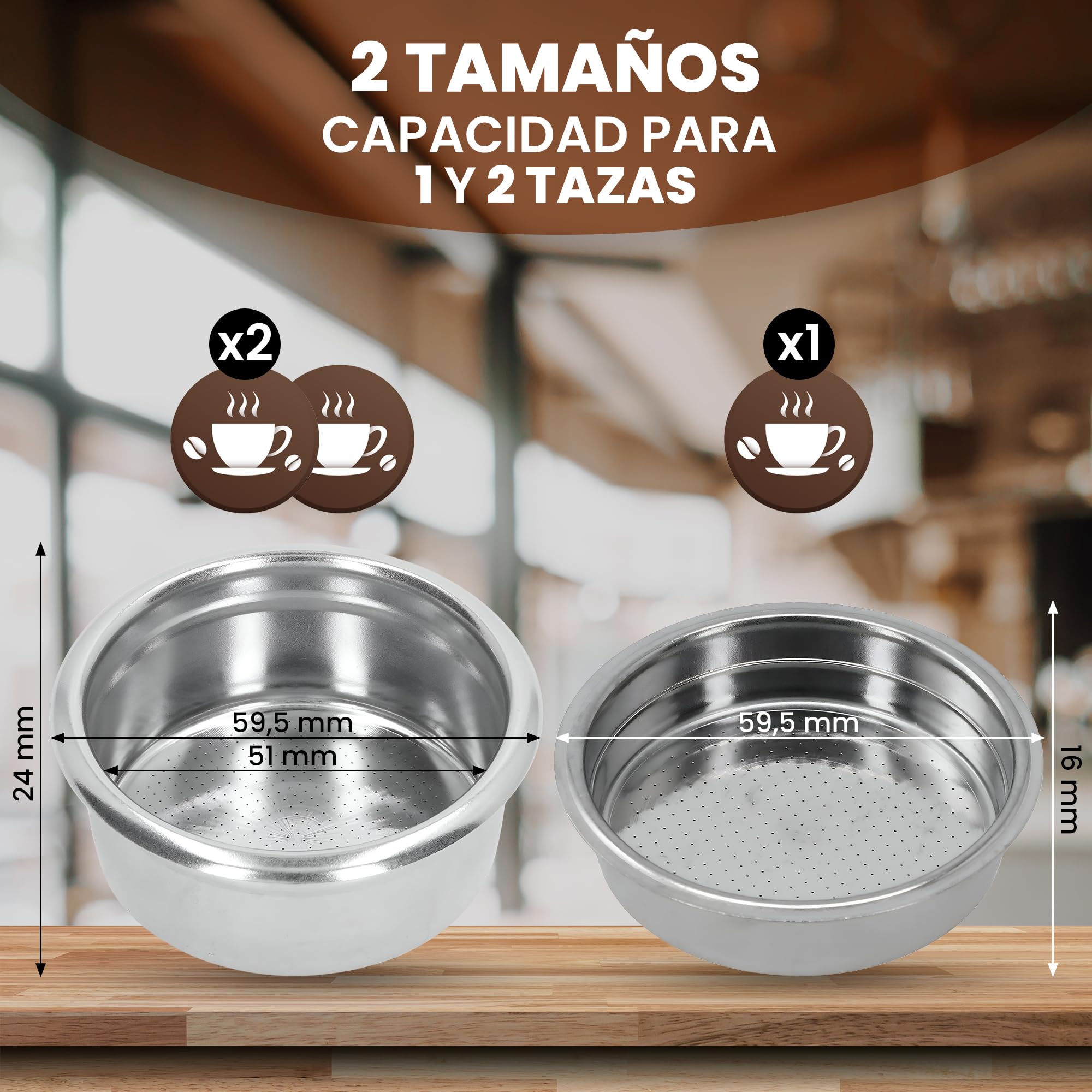 2x1 Filtros Presurizados para Cafetera Cecotec de 1 y 2 Tazas (51mm) - Pack 2 Filtro de Repuesto Resistente y de Fácil Limpieza - Accesorios de Recambio Duraderos para Cafetera Power Espresso Cecotec