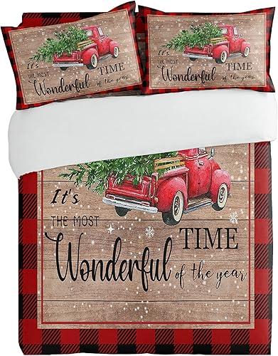 Miniatura 2 de Juego de ropa de cama de 3 piezas con diseño de árbol verde de camión de granja rojo de Navidad, fundas de edredón ultra suaves y fundas de almohada