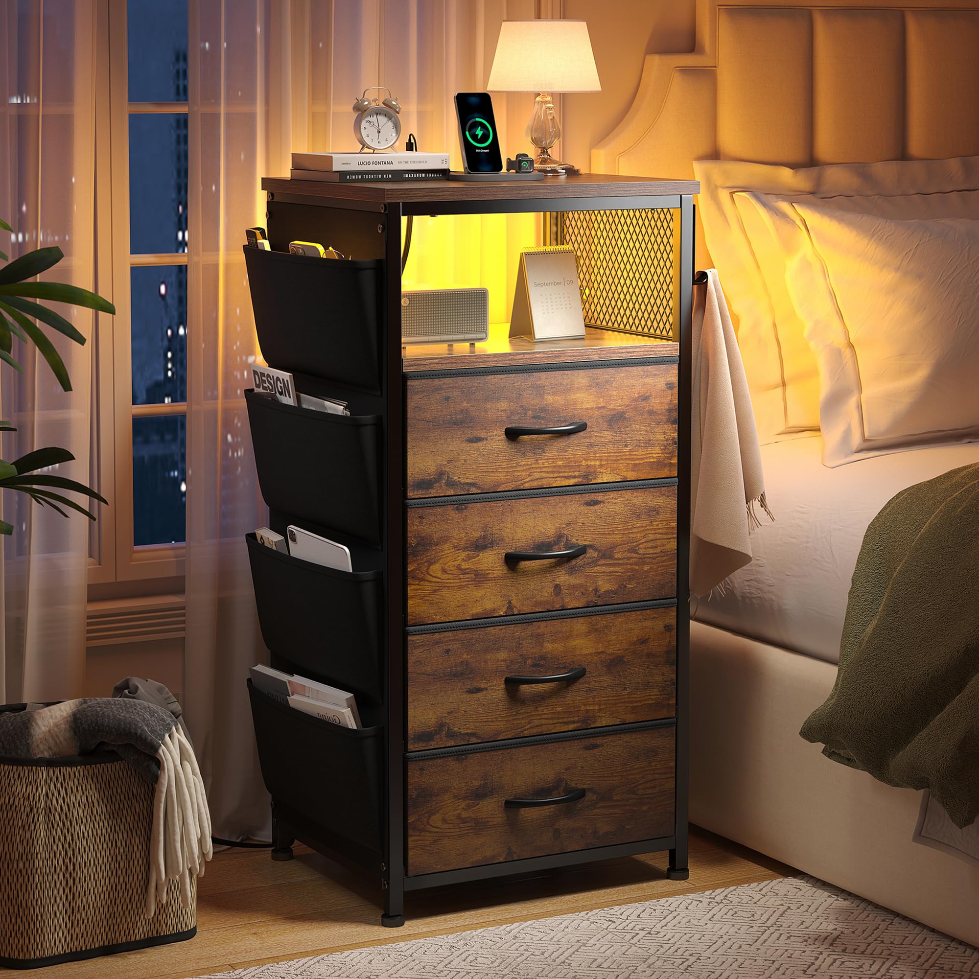 Dresser for Bedroom with Charging Station & LED Lights, 4 Drawers with Side Pockets, Dressers & Chests of Drawers, Fabric Dresser Organizer Unit for
