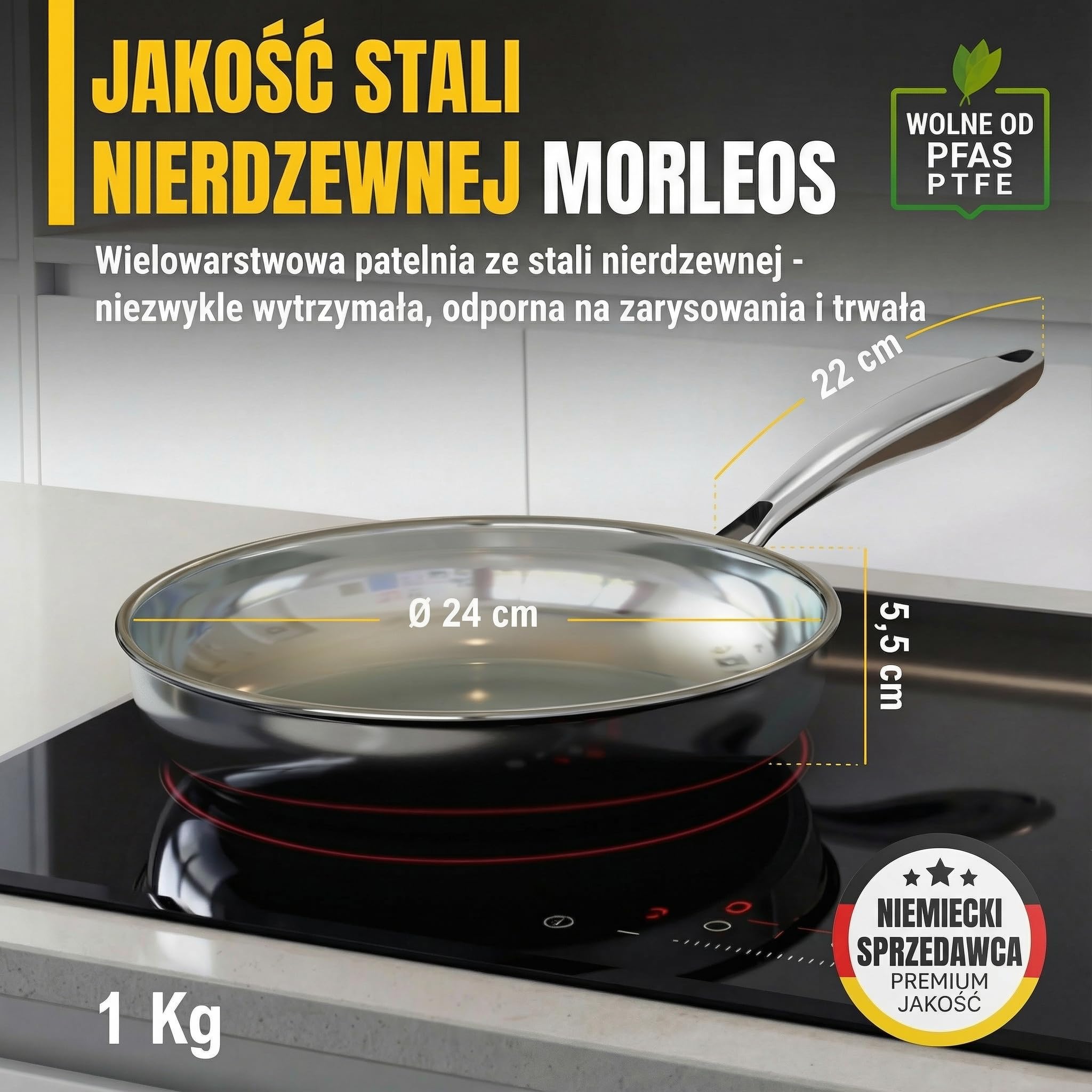 Patelnia ze stali nierdzewnej 24 cm, bez powłoki | 5 warstw - 3 mm - 1 kg | Patelnia ze stali nierdzewnej 18/10 do indukcji | Można myć w zmywarce i używać w piekarniku do 400°C
