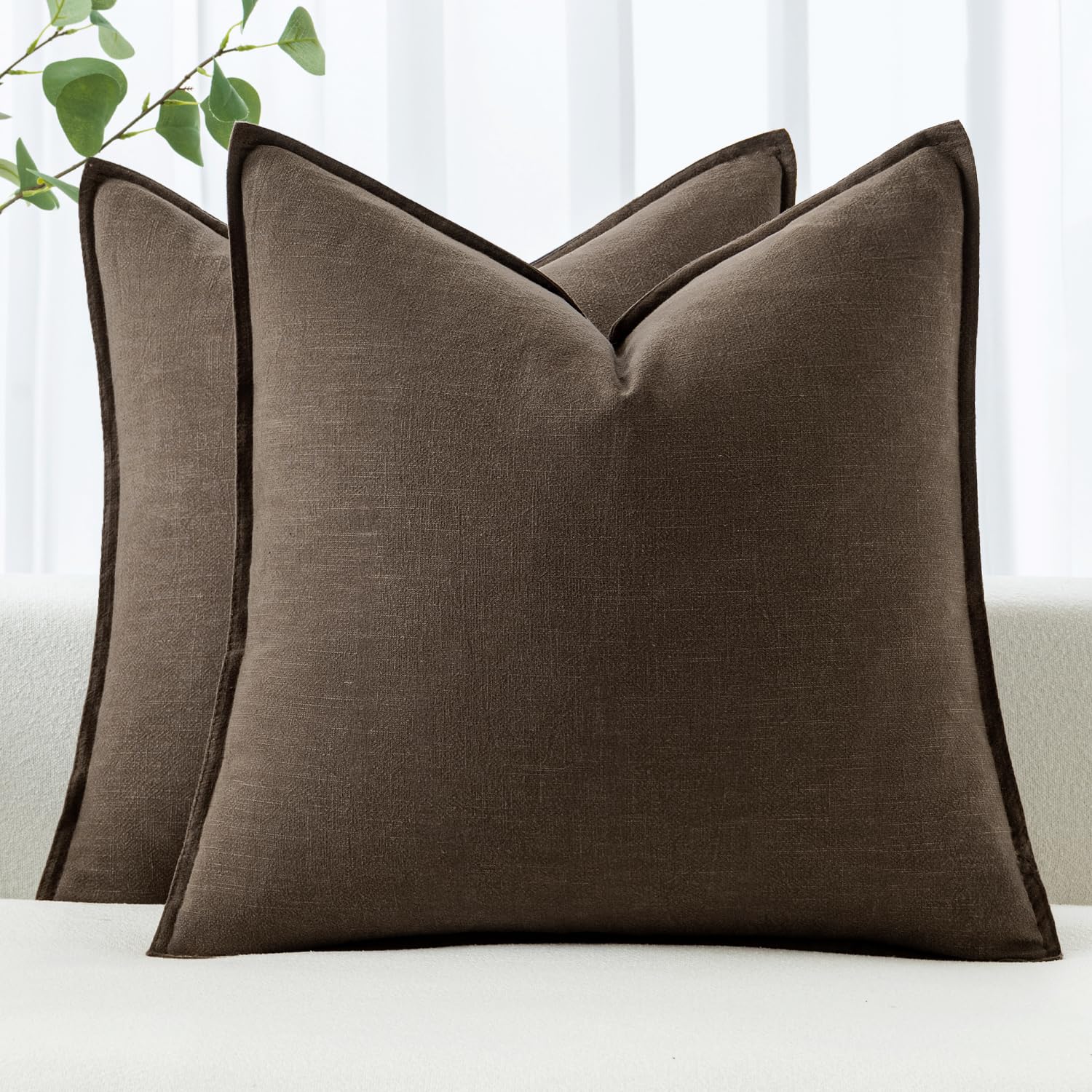 MIULEE Decorative Linen Euro Sham Pillow Covers 24x24 Dark Coffee Chocolate Boho Farmhouse Neutral Winter Couch Throw Pillows for Bed Pack of 2 Accent