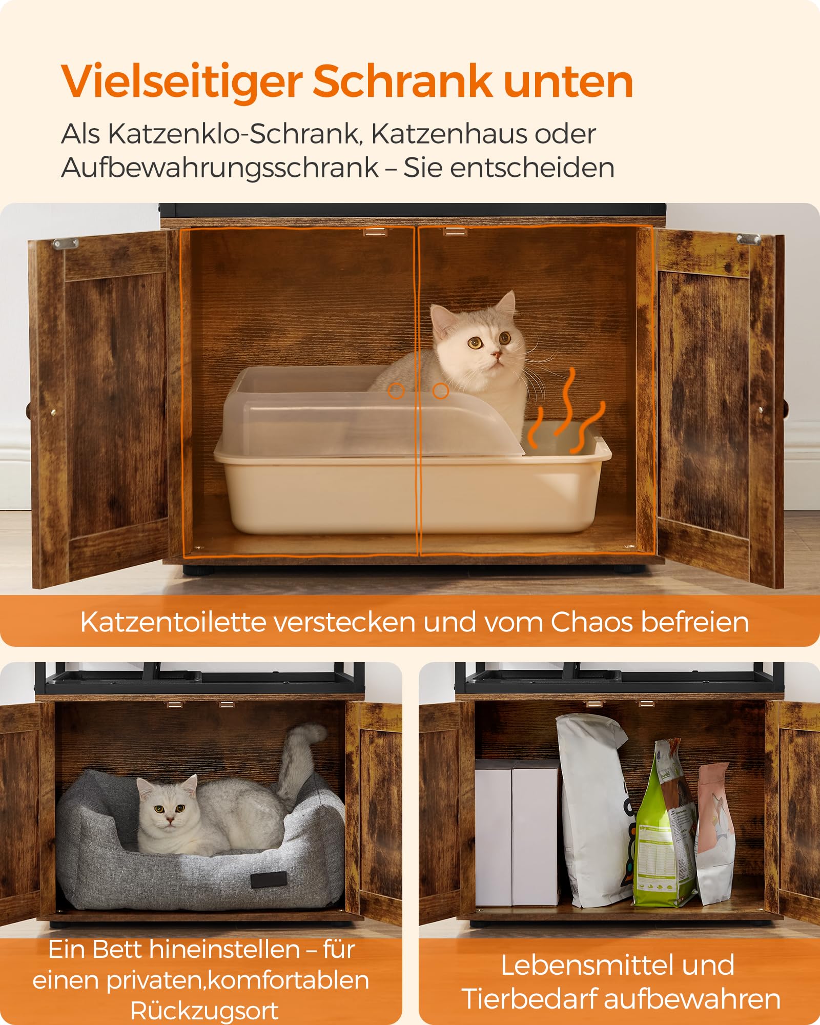 Feandrea Kratzbaum, Katzenbaum, Katzenhaus mit Katzenklo-Schrank, erhöhter Napfständer, Sisalstamm, waschbare Kissen, vintagebraun PCT312X01