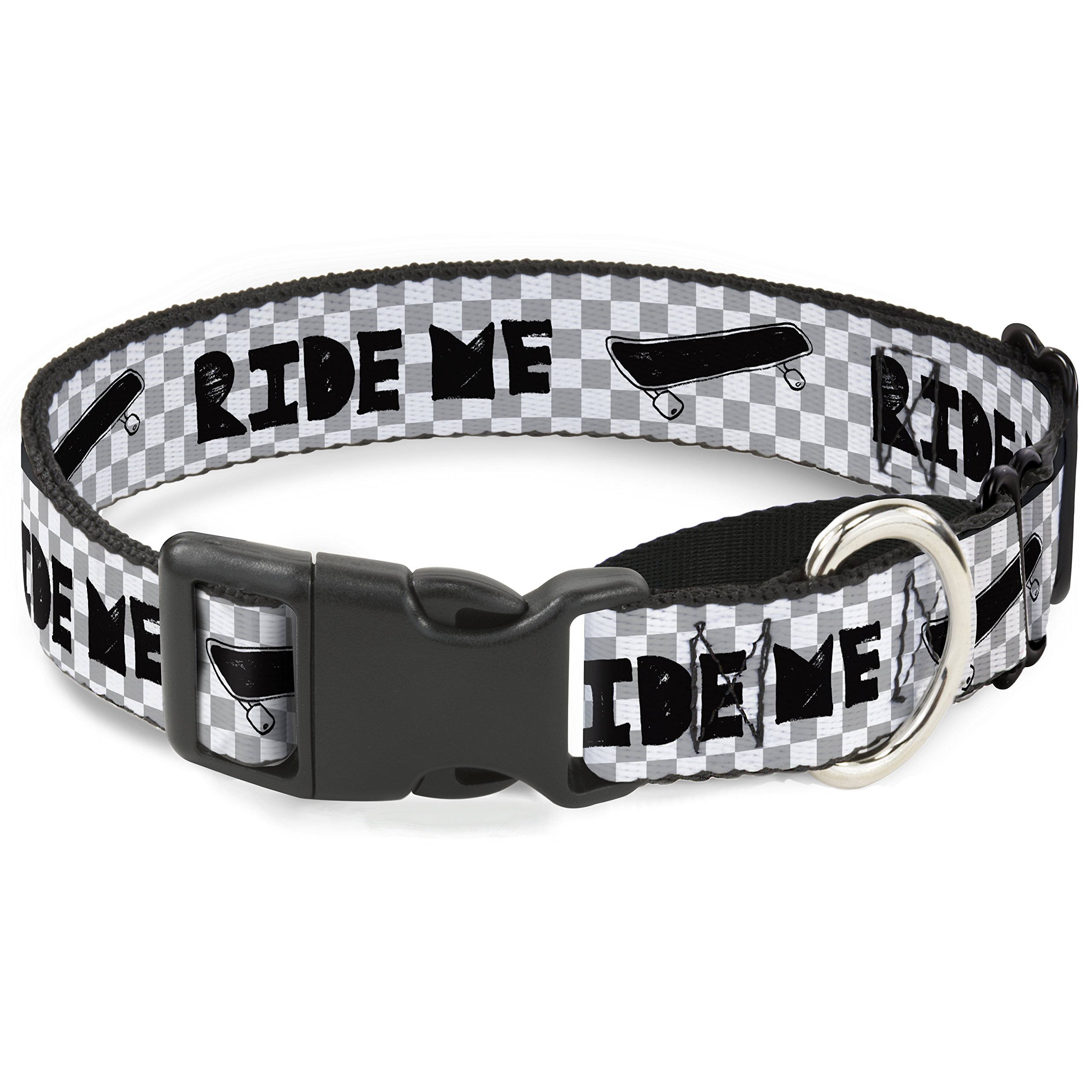 Collier de chien Buckle Down Ride Me Skateboard mini checker blanc gris noir large 3,8 cm