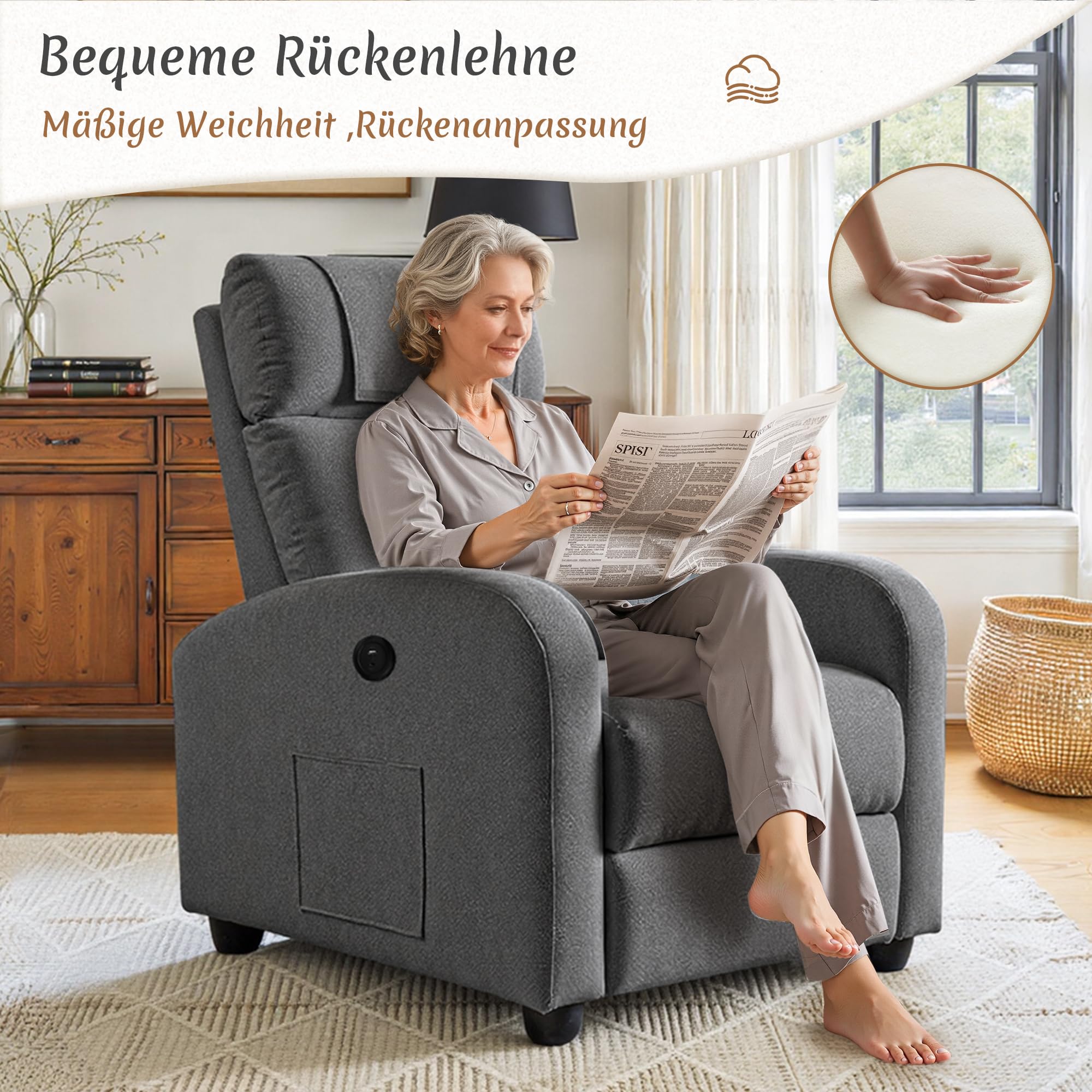 BonVache Relaxsessel, Fernsehsessel, Freizeitsessel mit USB- & Type-C-Ladeanschlüssen, verstellbare Rückenlehne und Fußstütze, Einzelsessel für Wohnzimmer, Schlafzimmer, Büro, Leinenstoff, Dunkelgrau