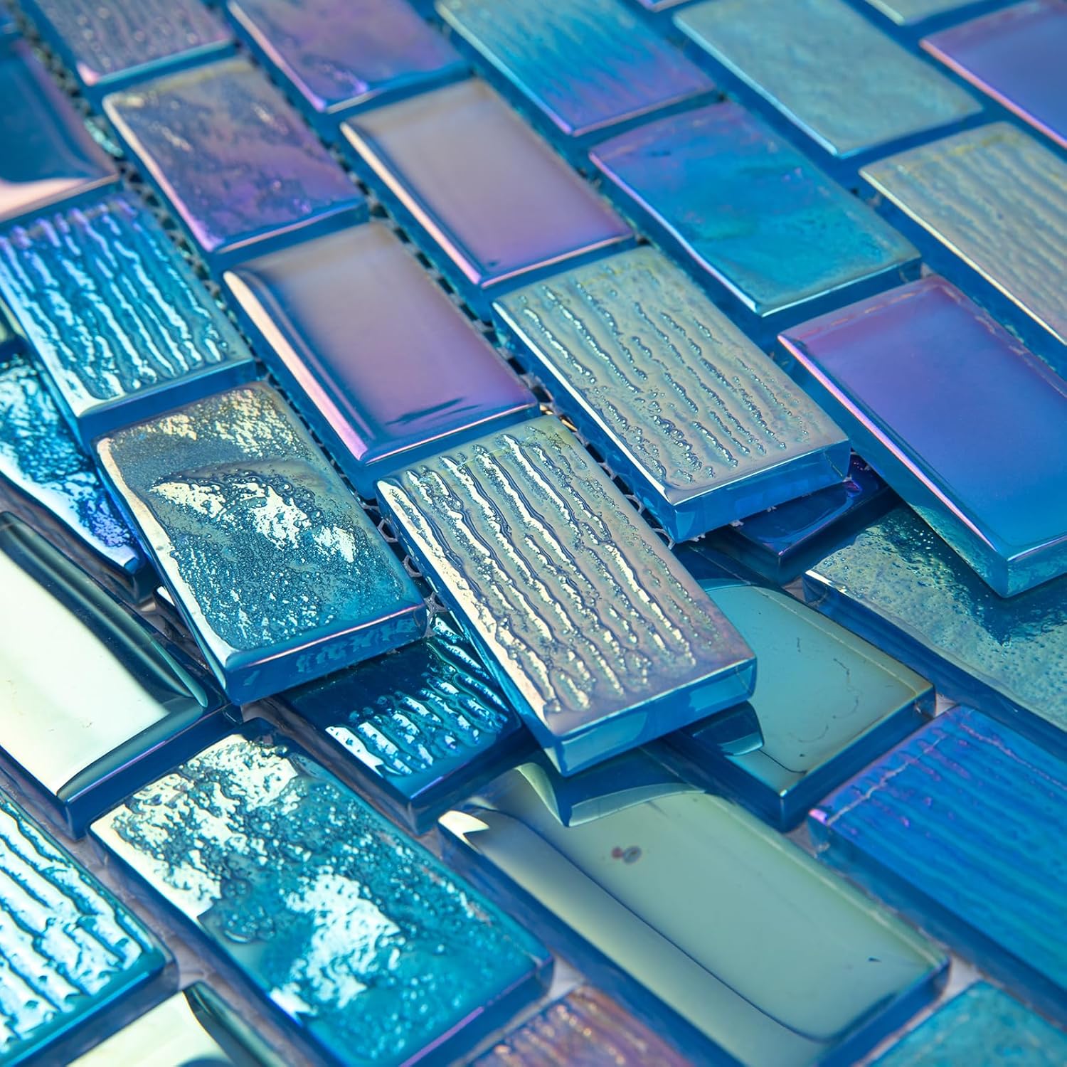 Glass Mosaic Tile Backsplash Fantasy Blue 12 x 12 Inch Glossy Pool Glass Tile for Swimming Kitchen Bathroom Shower Waterline Fountain Spa Wall (Long Mosaic Sheet,5-Pack,5 sq.ft.)