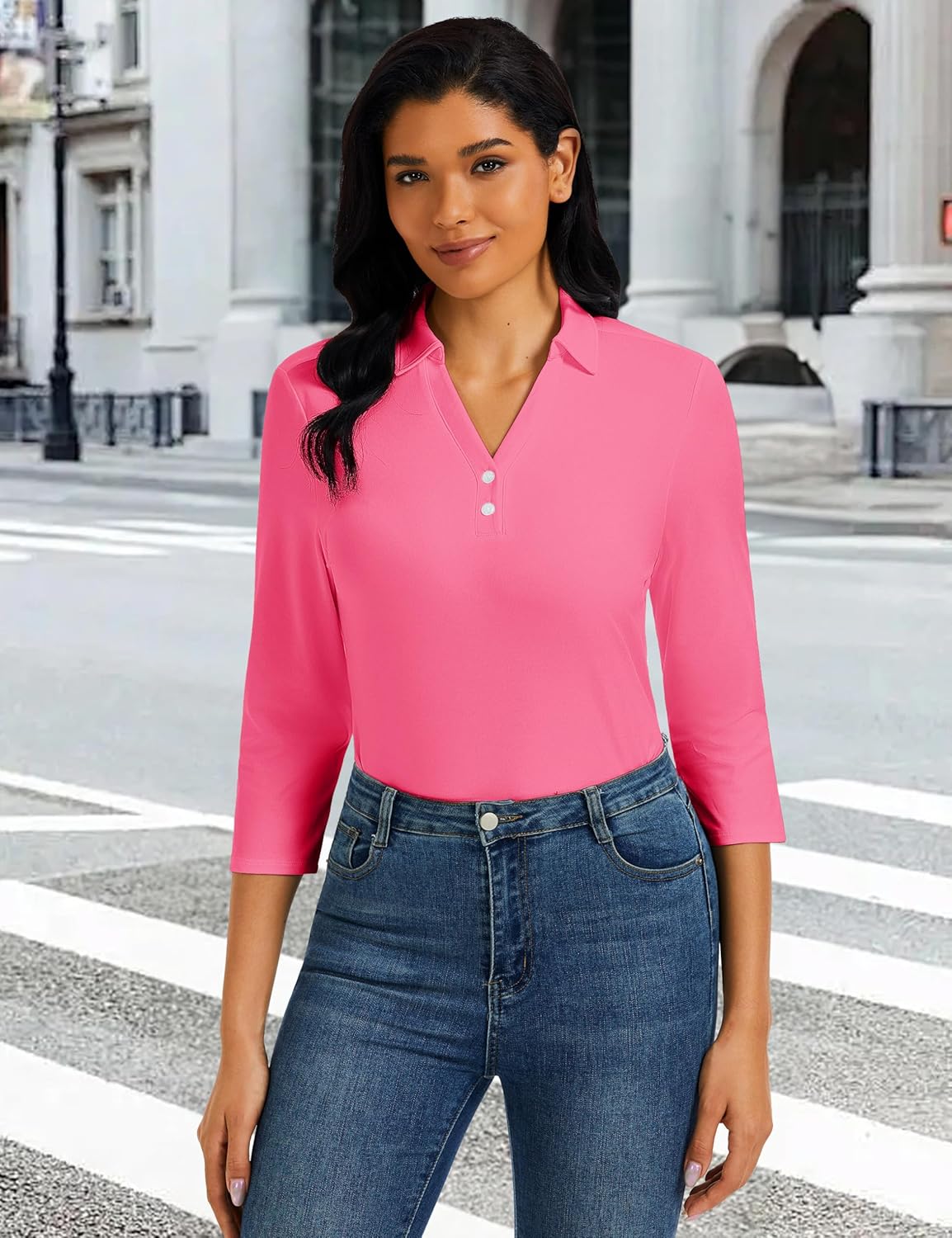 MAGCOMSEN Women's 3/4 Long Sleeve Polo Shirts Collared V Neck Golf Shirts UPF 50+ Quick Dry Casual Work Tops - Image 7