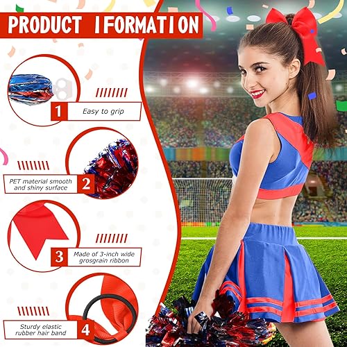 Miniatura 151 de Hanaive 3 pompones de animadora y lazo grande para animadora para el pelo, suministros metálicos para animadora de espíritu de equipo, deportes