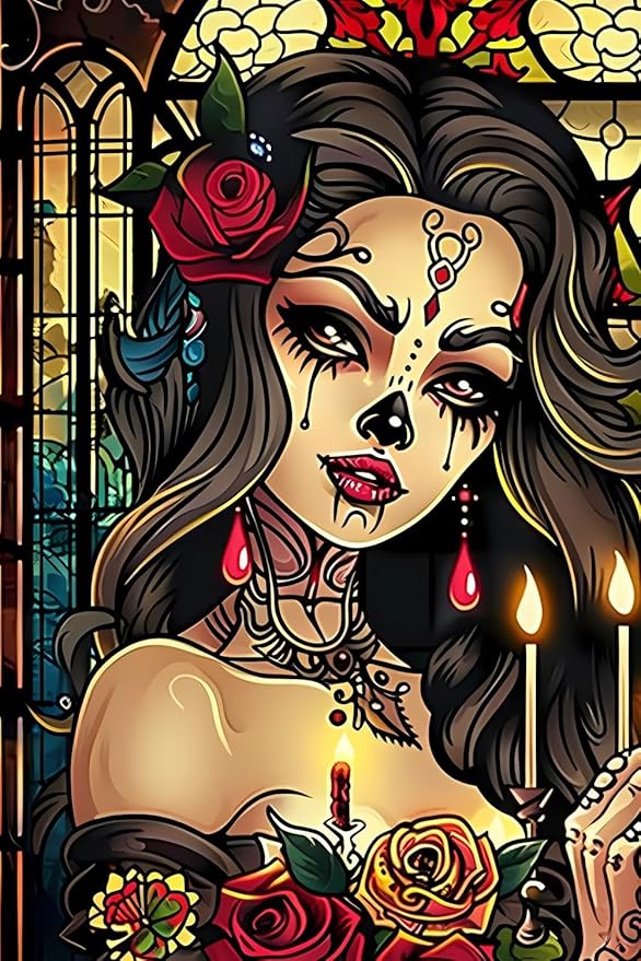 GUAIEUW DIY The Sugar Skull Woman and The Candles Diamond Painting Kits 5D Round Diamond Painting for Adult Candle Diamond Art Kit for Wall Decor & Living Room Decor 12x16 inch