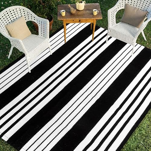 Vista 128 de Alfombra de exterior a rayas blancas y negras, 3 x 5 pies, de algodón, moderna, tejida a mano, reversible, alfombra de patio lavable en capas para 1