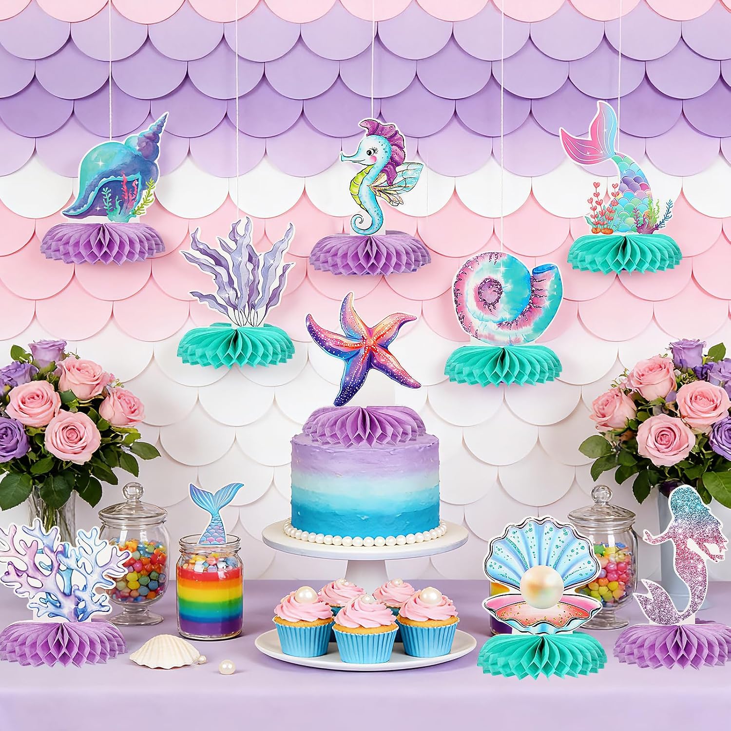 9 Pcs Mermaid Theme Birthday Party Decorations, 3D Double Sided Honeycomb Centerpieces for Under the Sea Table Decor, Ocean Mermaid Party Supplies for Girls