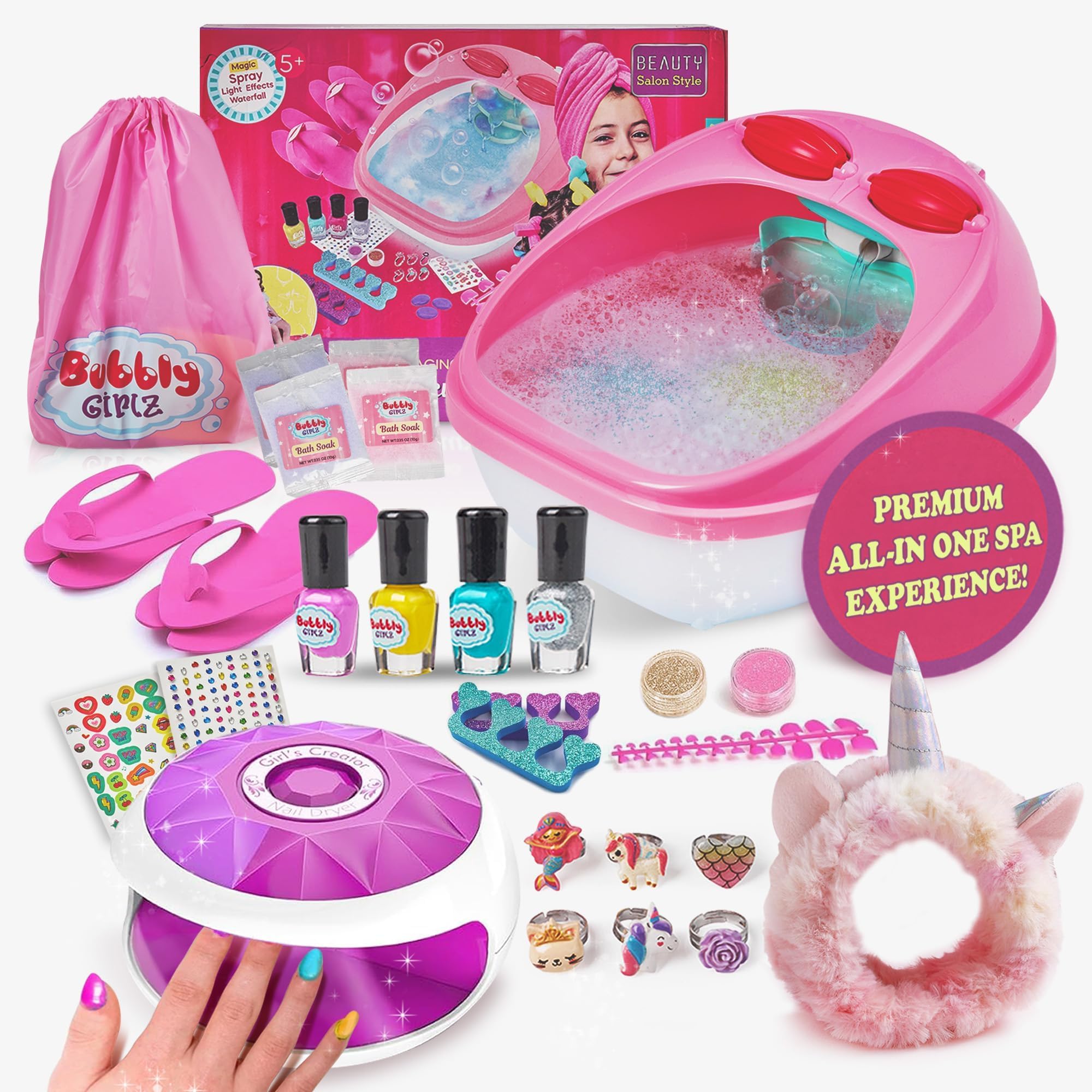 42+ PCs Kids Spa Day Kit for Girls Ages 6-12, Waterfall Foot Spa & Nail Spa
