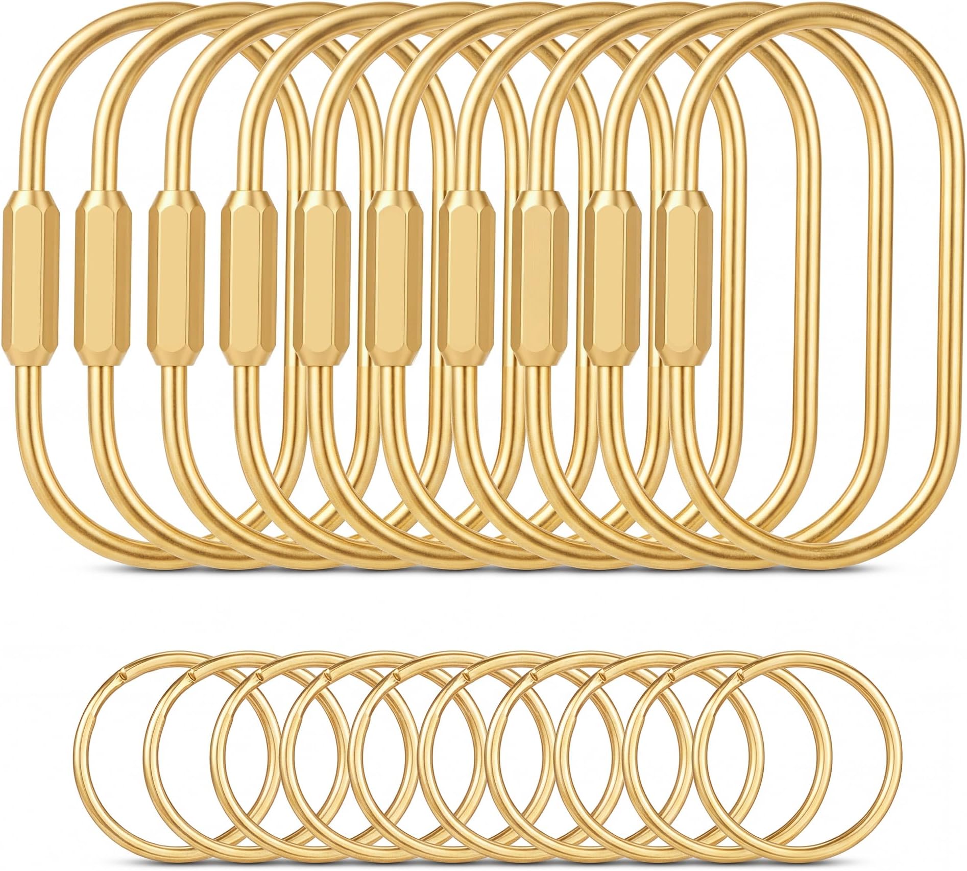 Tiezzi Gold Brass Key Rings, 10 Pack Keychain with 10 Flat Rings Carabiner Clip, Screw Lock Keys Organizer, Purse Bag Accessories Charms Holder for Handbags, Doll, Car Keys - Medium Size