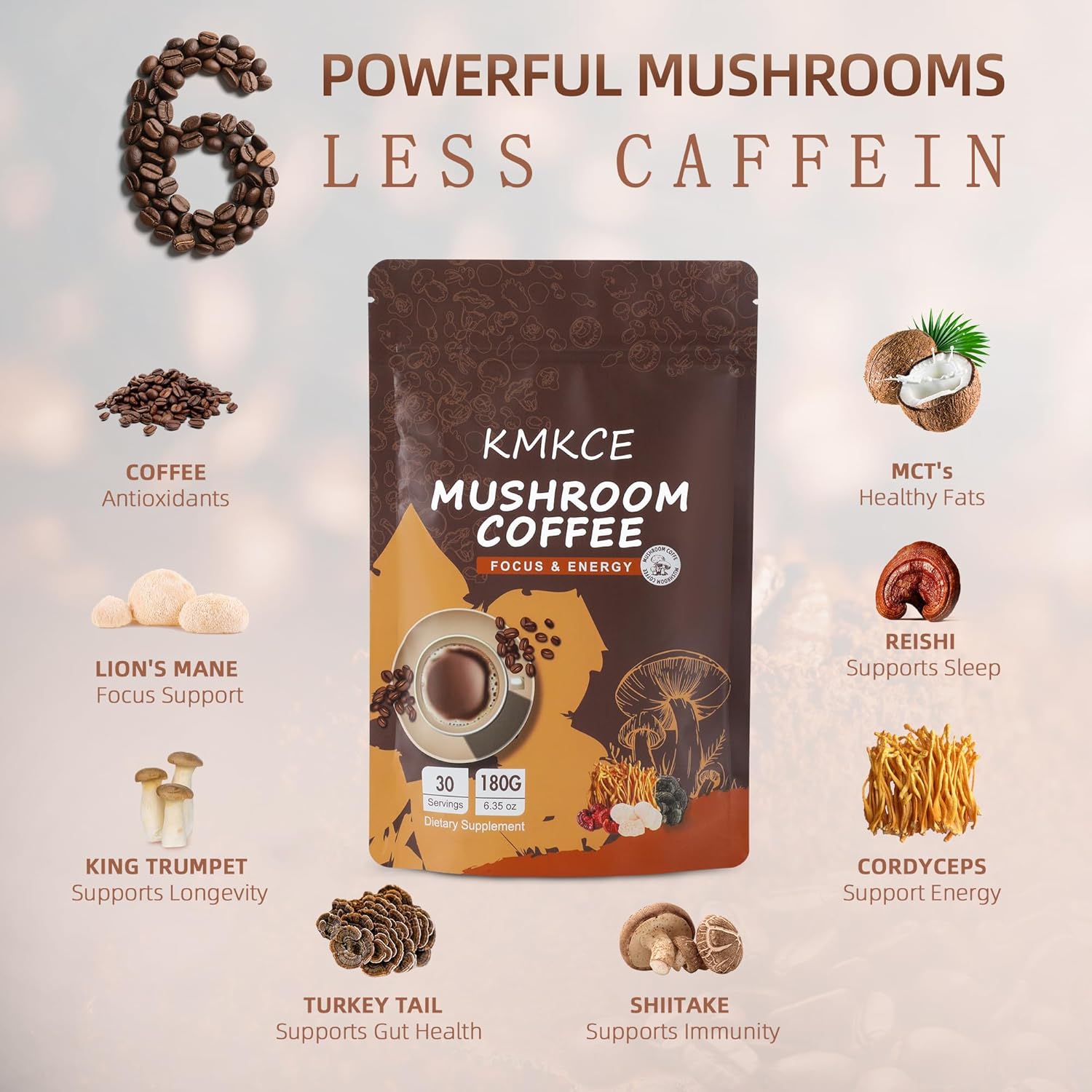 Mushroom Coffee, 6 Organic Mushrooms with Lion's Mane, Reishi, Cordyceps, Shitake, King Trumpet & Turkey Tail, Instant Coffee Powder for Energy, Digestion Immune Support,30 Servings - Image 2