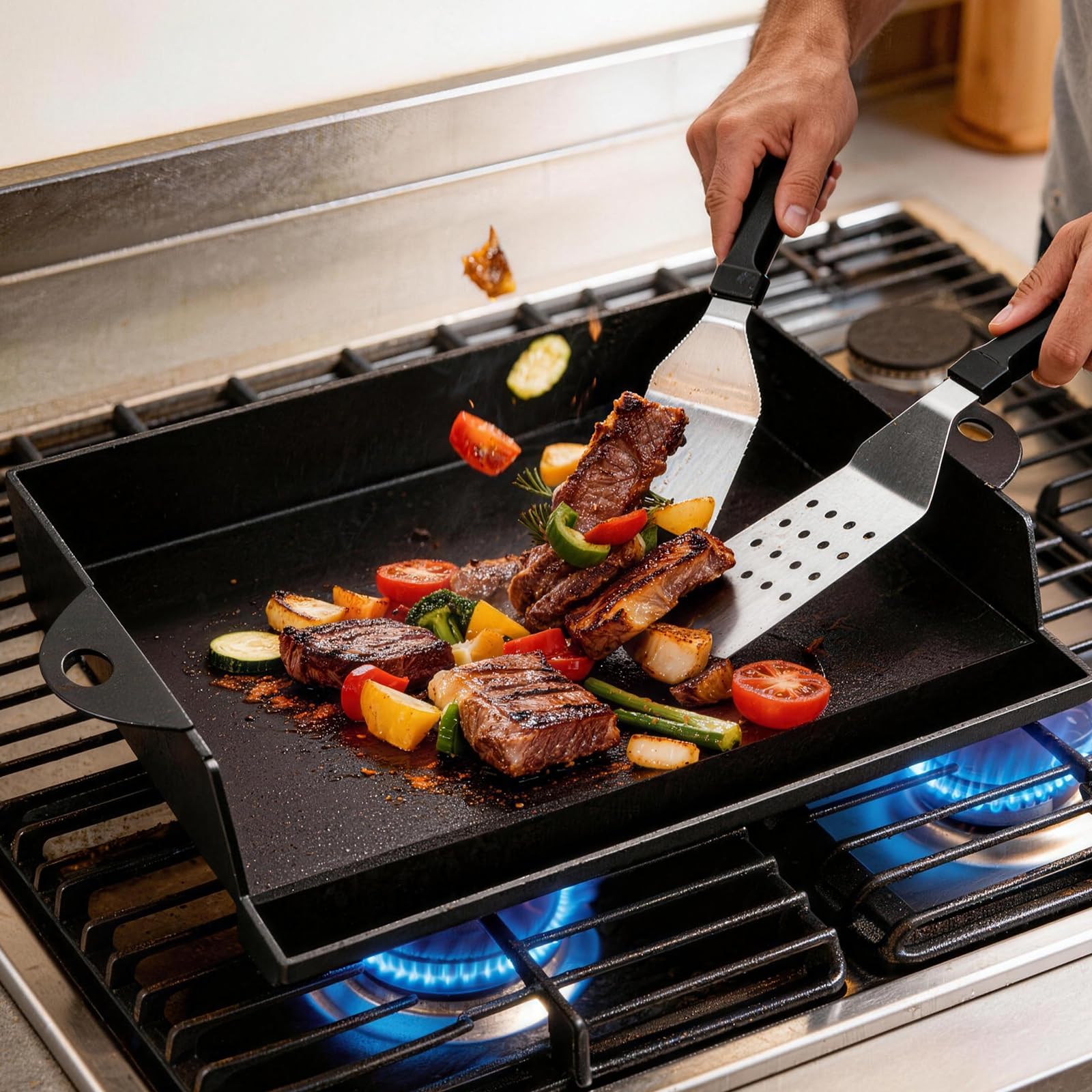 WELL GRILL 45,5 x 36,5 cm Plancha de parrilla con espátula de barbacoa Juego de rascador universal de hierro fundido para parrillas de gas, parrilla de carbón vegetal, parrilla eléctrica, borde alto