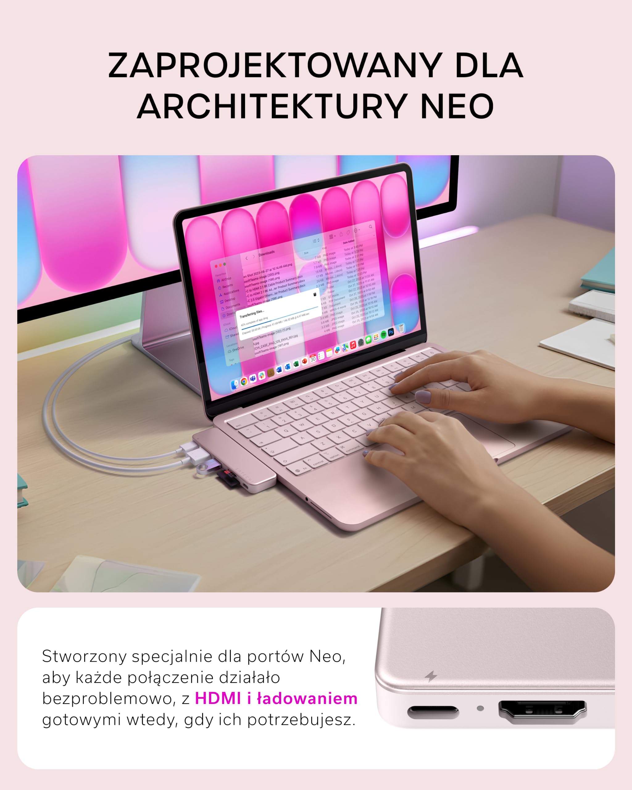 SATECHI hub USB-C Snap 6 w 2 do MacBooka Neo, różowy
