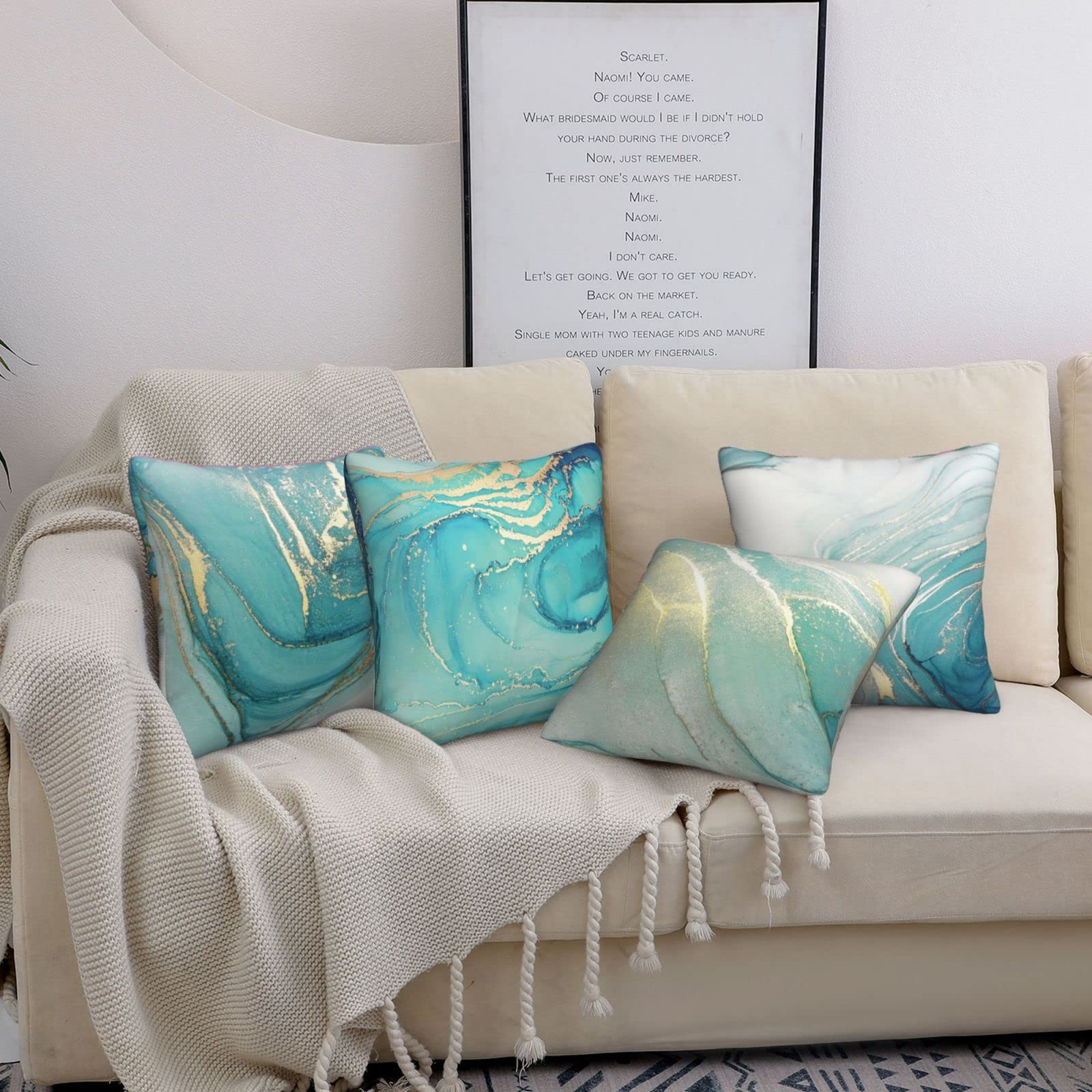 Marble Texture Turquoise and Gold Luxury Silver Abstract Fluid Ink Painting Set of 4 Decorative Throw Pillow Cases Sofa Cushion Covers for Couch Bedroom Living Room Car Home Decor