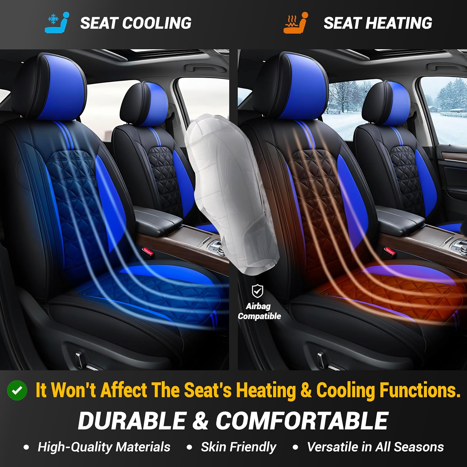 OASIS AUTO Car Seat Covers Full Set Premium Waterproof Faux Leather Cushion Universal Accessories Fit SUV Truck Sedan Automotive Vehicle Auto Interior Protector (OS010-Black&Blue)