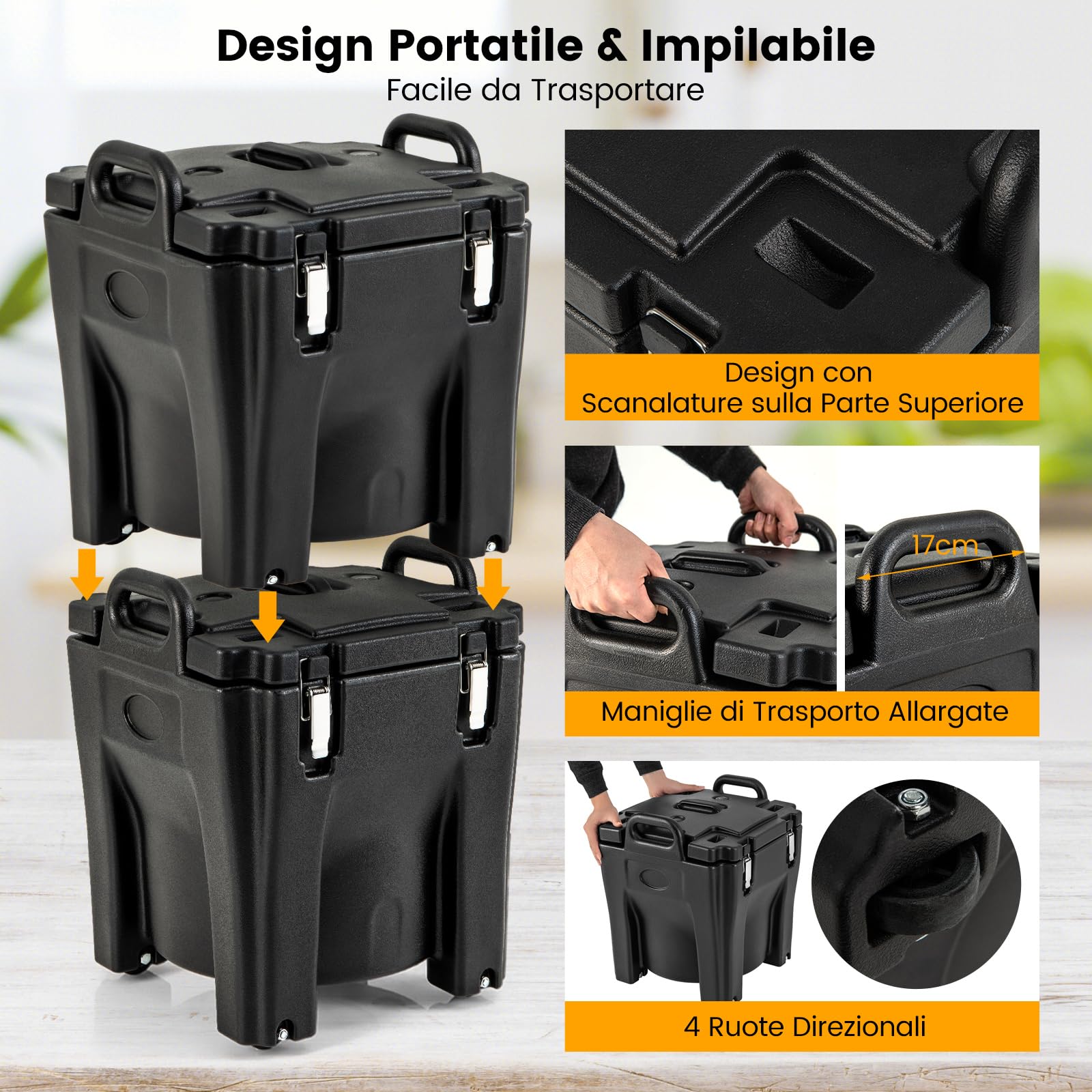 COSTWAY 30 L Contenitore Termico Portatile per cibi e bevande, contenitore per alimenti in Acciaio Inox con 2 Maniglie e 4 Ruote, Thermos per Alimenti per Catering Campeggio, Nero