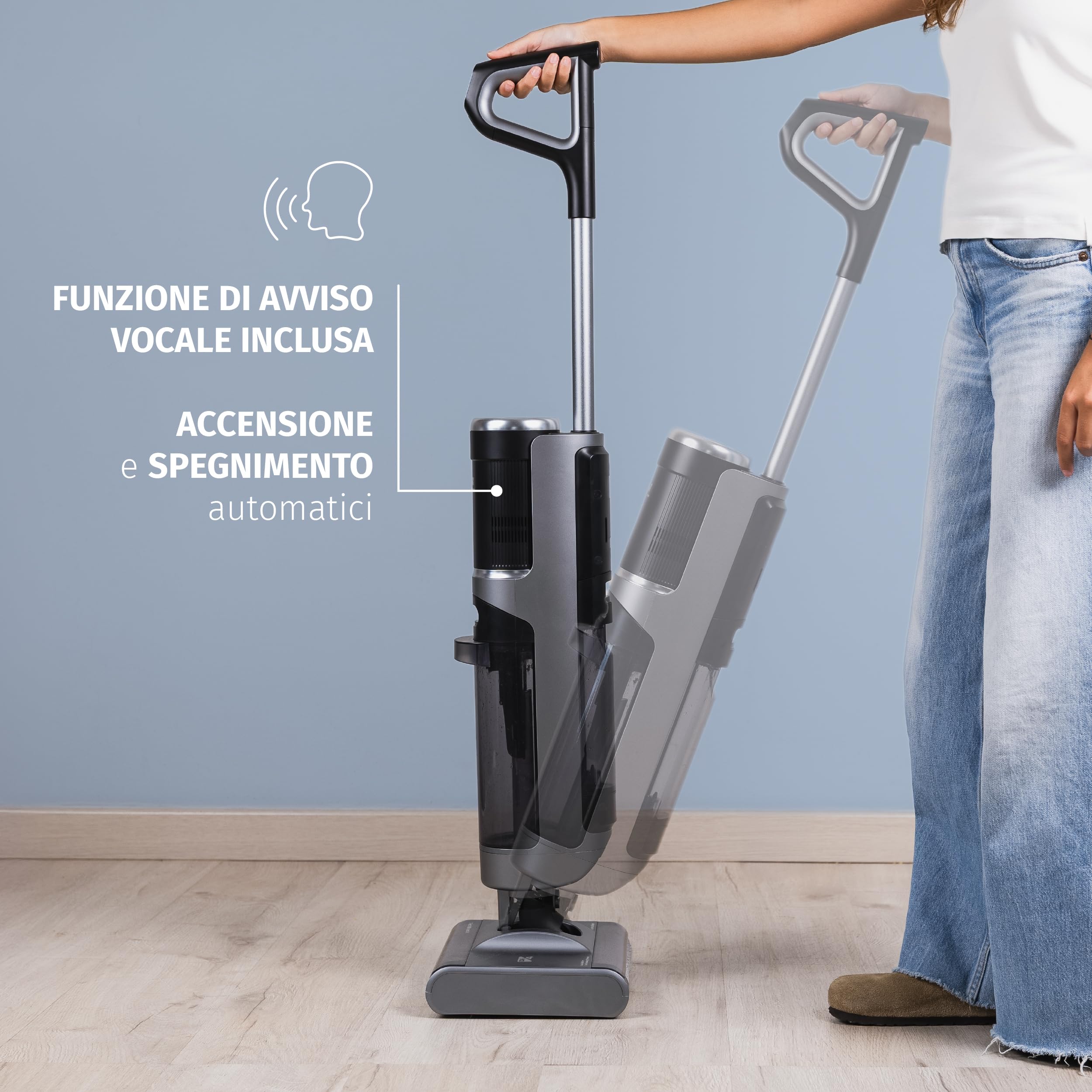 Di4 Velluto Doppio Lavapavimenti Elettrico 2‑in‑1 – Aspira, Lava e Asciuga, Doppio Rullo, Motore Digitale 200W, Autopulizia, Sensore di Sporco, 26 min di Autonomia, Display LED, Trazione Automatica