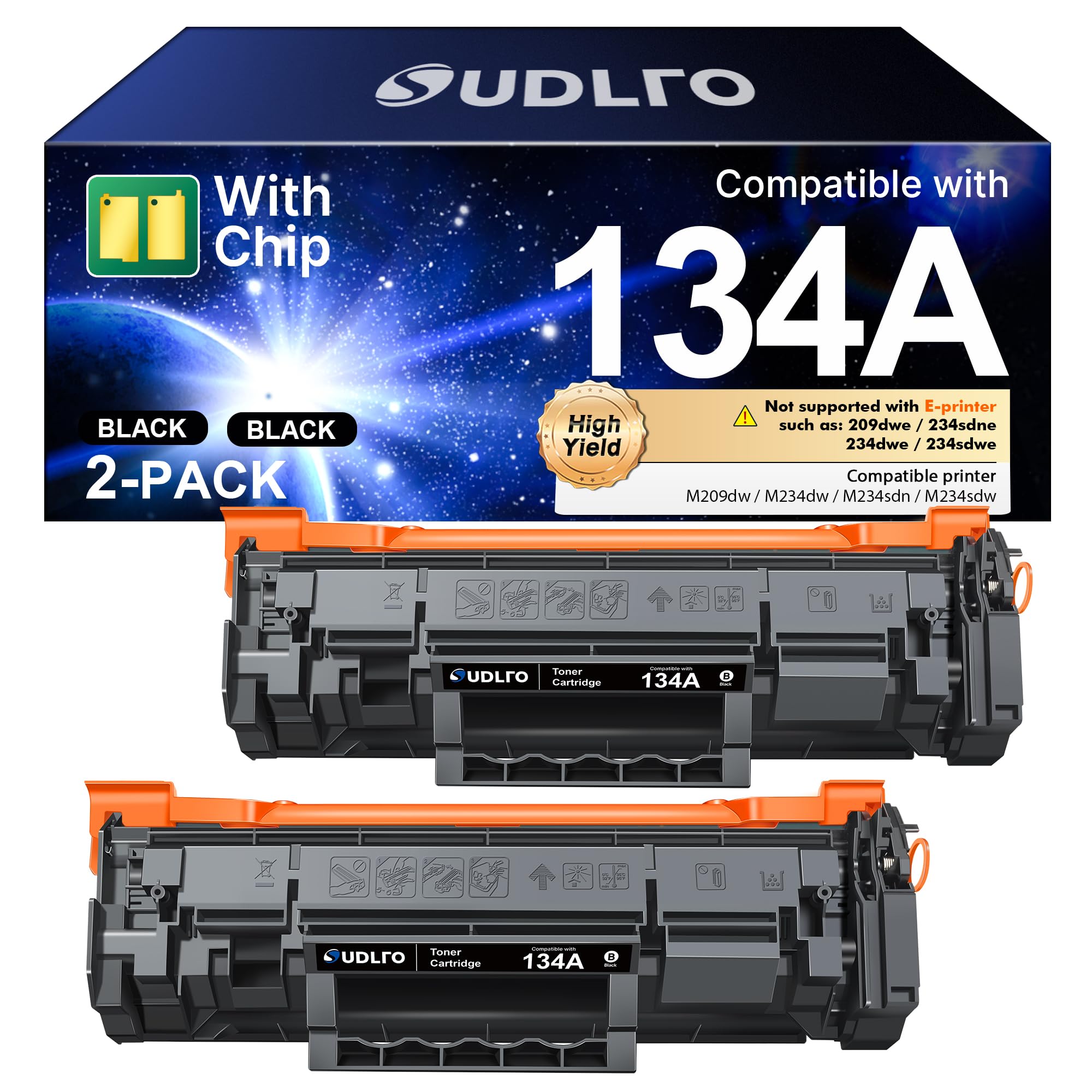 134A Black Toner Cartridge 2-Pack Replacement for HP 134A 134X (with Chip)