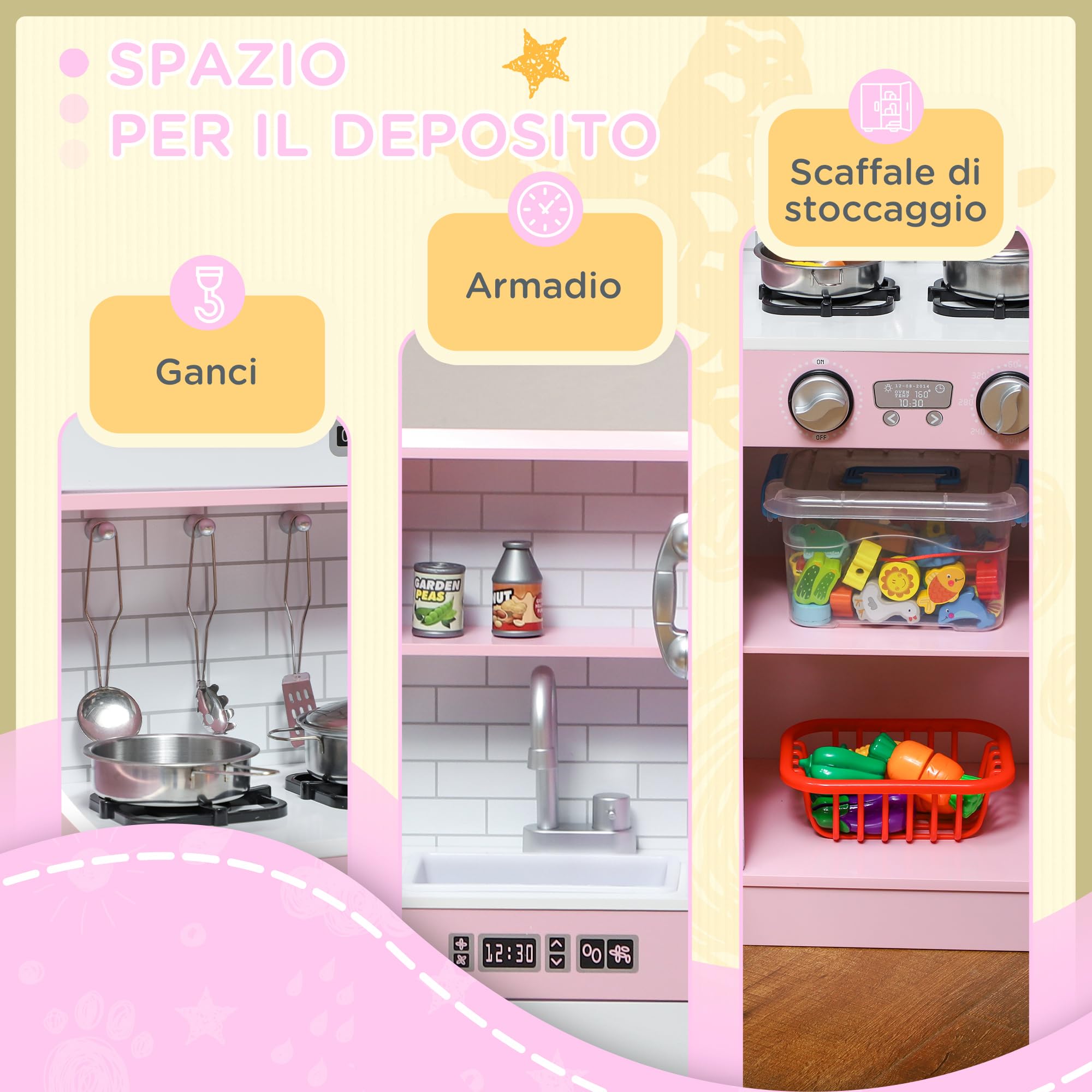 AIYAPLAY Cucina Giocattolo per Bambini, Cucina in Legno per Bambini, Cucinetta Giocattoli con Fornelli, Microonde, Macchina del Ghiaccio, Lavandino, Pentole e Accessori, 3-8 Anni, 84x27x81 cm, Rosa