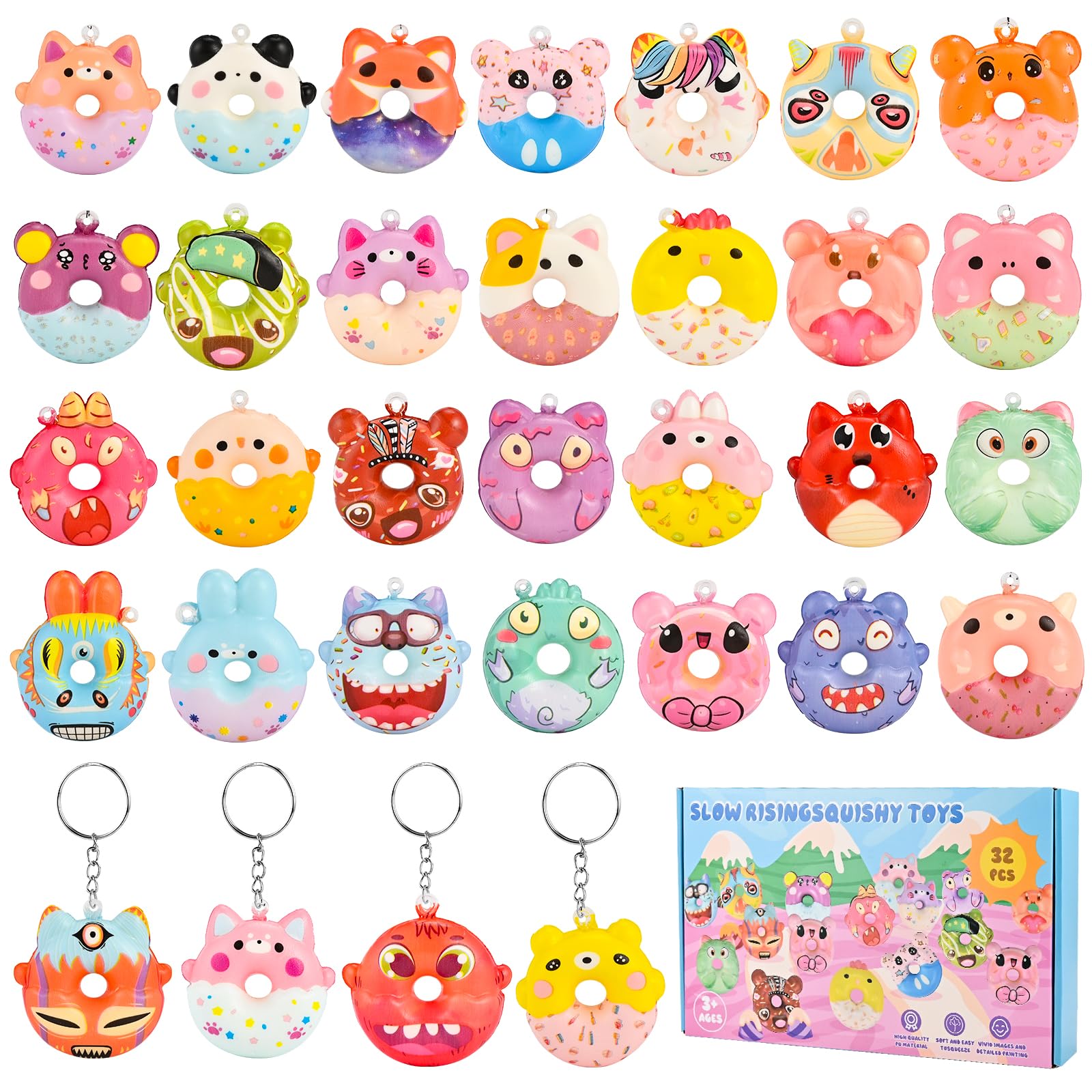 GOLDGE Party Bag Fillers - 32 PCS Squishy Fidget Toys with 35 Keyring Rings, Animal Stress Relief Toys, Party Favours, Birthday Gifts for Boys & Girls 4-7+ Years