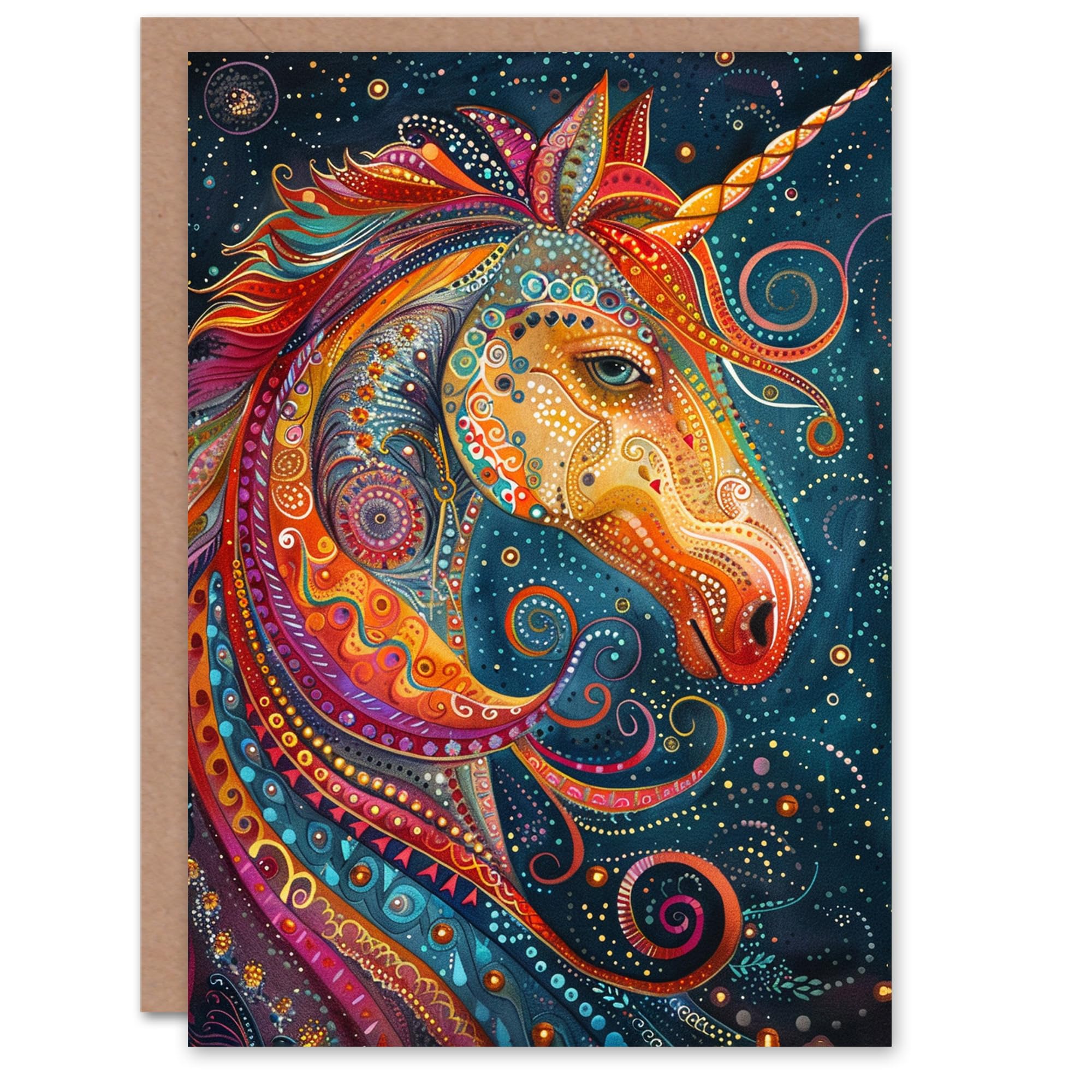 Artery8 Birthday Card - Unicorn Tribal Folk Art - Kids - Orange