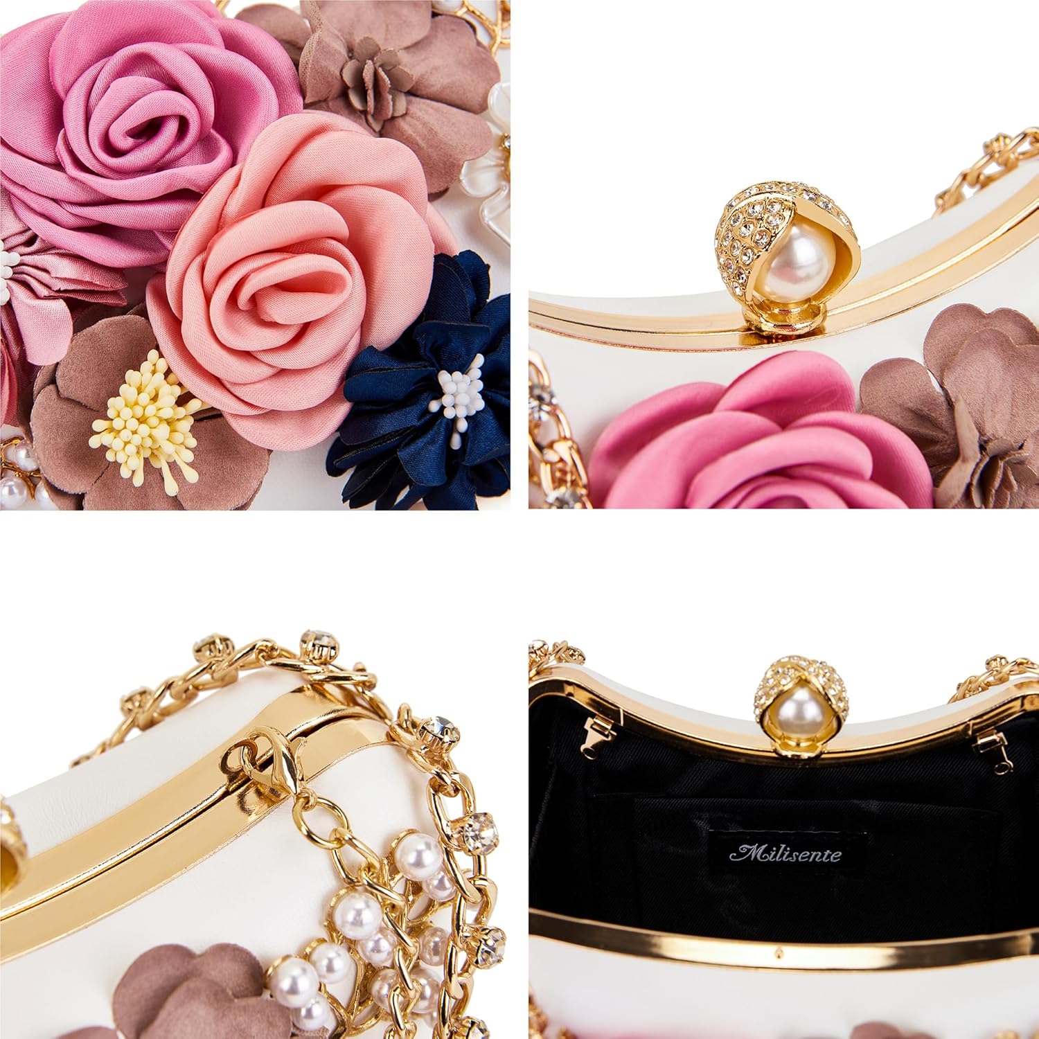 Milisente Clutch Purses For Women Unique Floral Pearl Evening Bag With Crystal Top Handle For Formal Wedding Dressy
