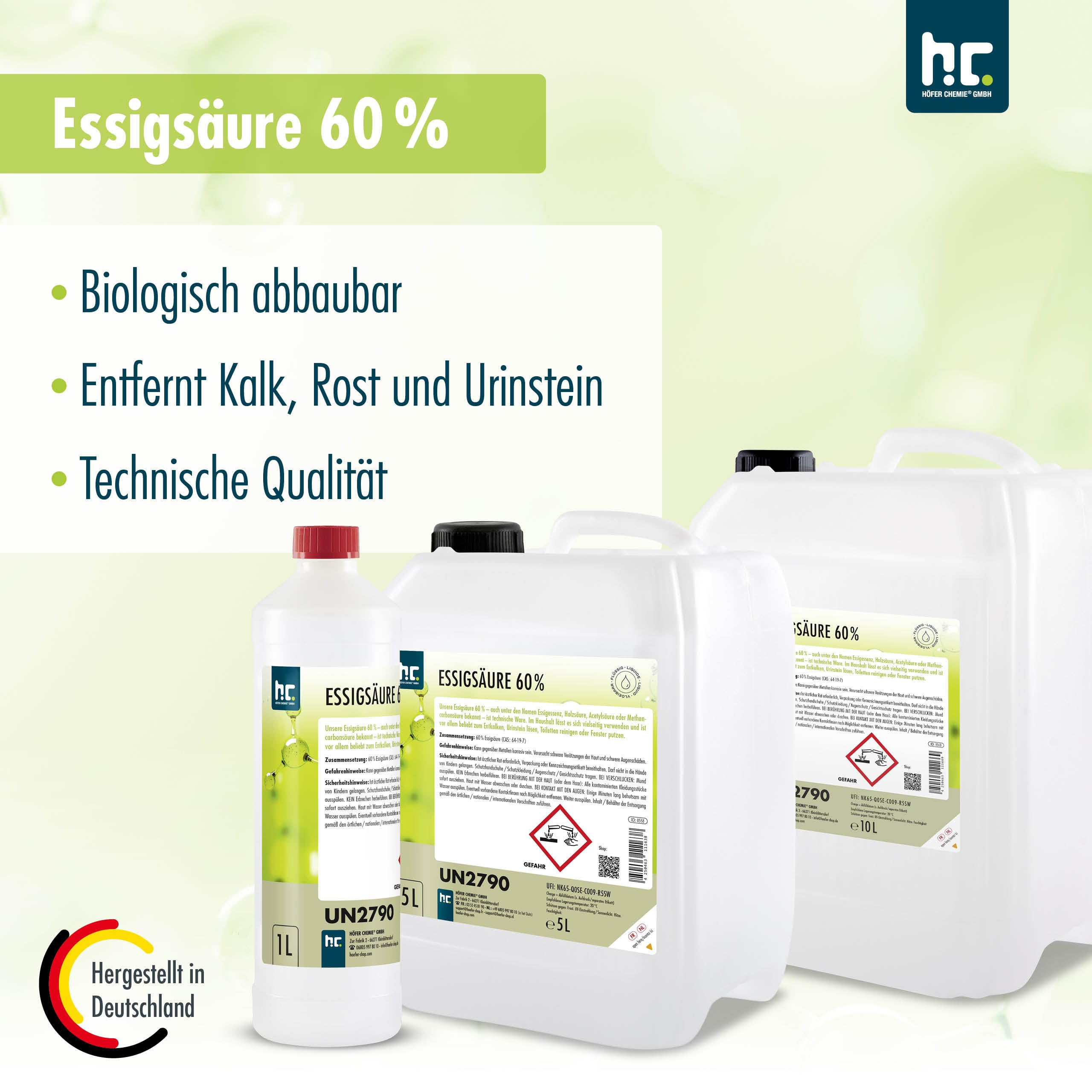 Höfer Chemie 2x 5 L Essigsäure 60% - optimaler Reiniger und Entkalker - Premium Qualität Made in Germany - frisch abgefüllt im handlichen Kanister