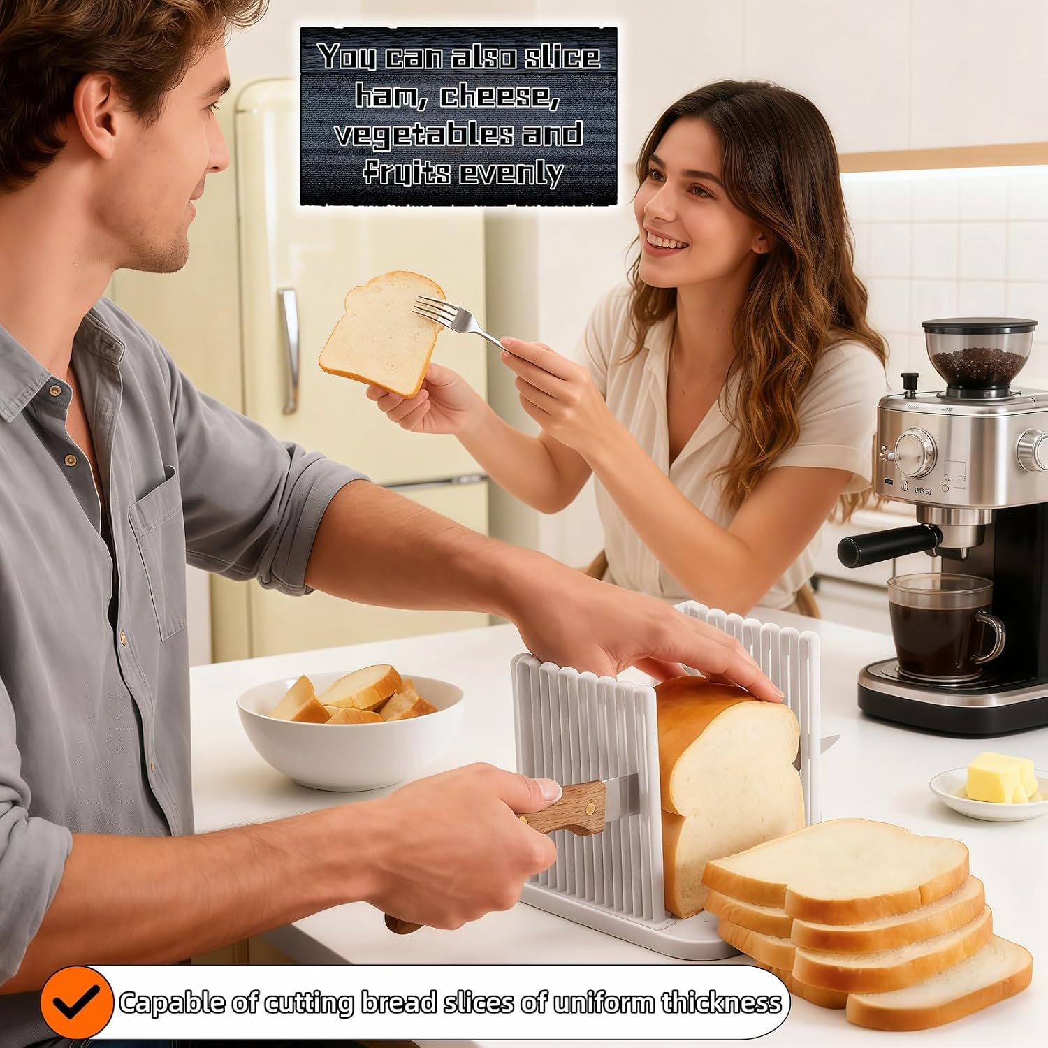 Adjustable Bread Slicer Guide - 4 Thickness Settings for Perfect Homemade Bread Slices, Food-Grade ABS Toast Cutter with Crumb Tray, Multi-Purpose Kitchen Tool for Bread, Cheese, Fruits & Vegetables