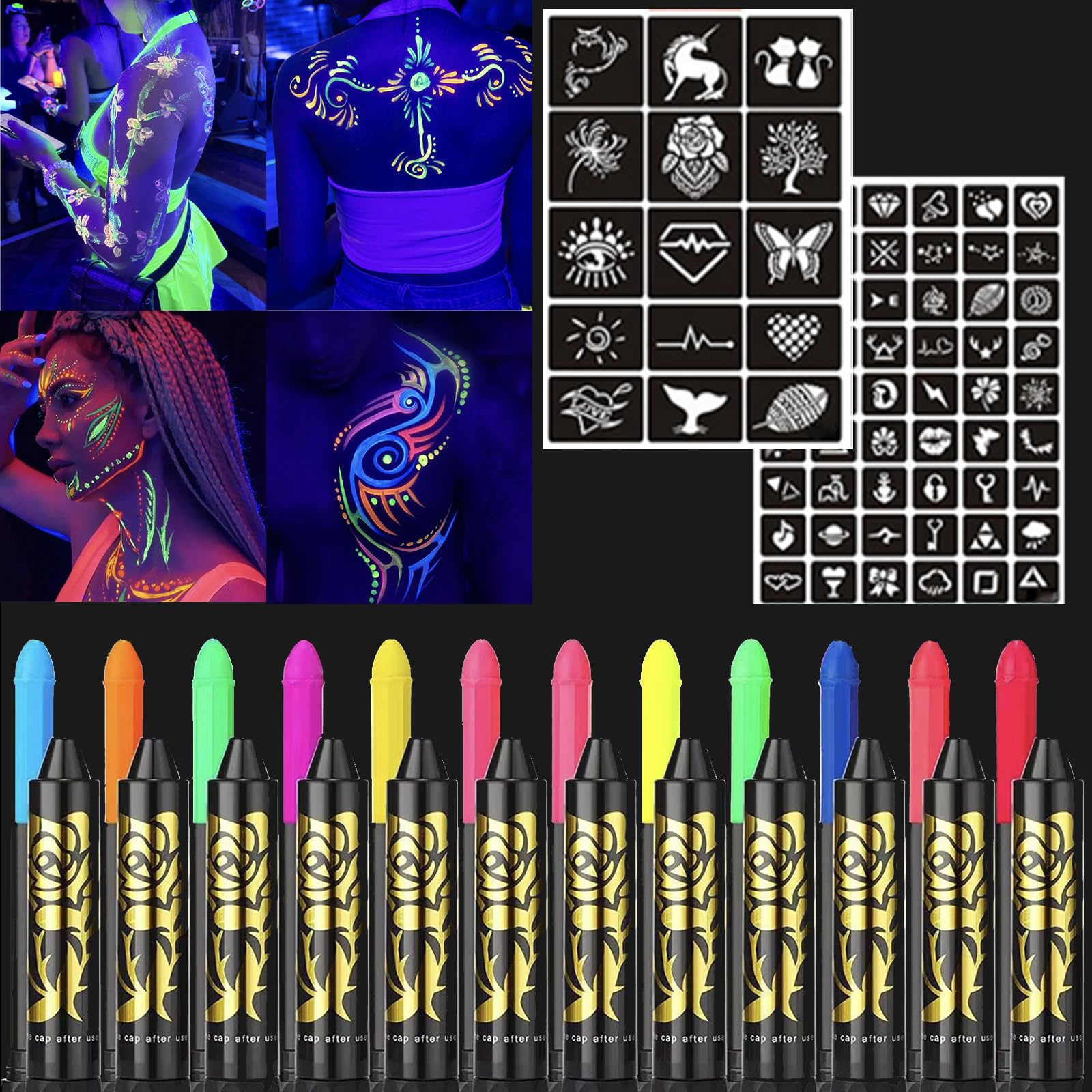 Farba fluorescencyjna UV, HISUNBEN 12 neonowych ołówków do twarzy i ciała, zmywalna, nietoksyczna farba neonowa UV, na festiwal, Mardi Gras, Halloween, do makijażu