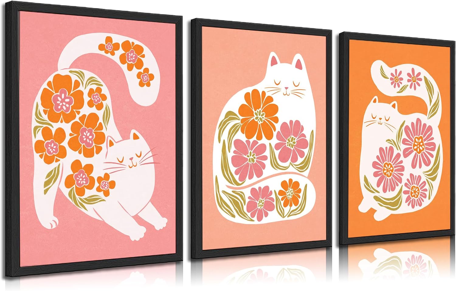 3pcs Boho Cats Canvas Wall Art Cute Colorful Floral Cats Posters Prints Funny White Cat Wall Decor Pictures for Living Room Bedroom Bathroom Nursery Home Decoration Unframed boho cat 16L" x 12W"-posters