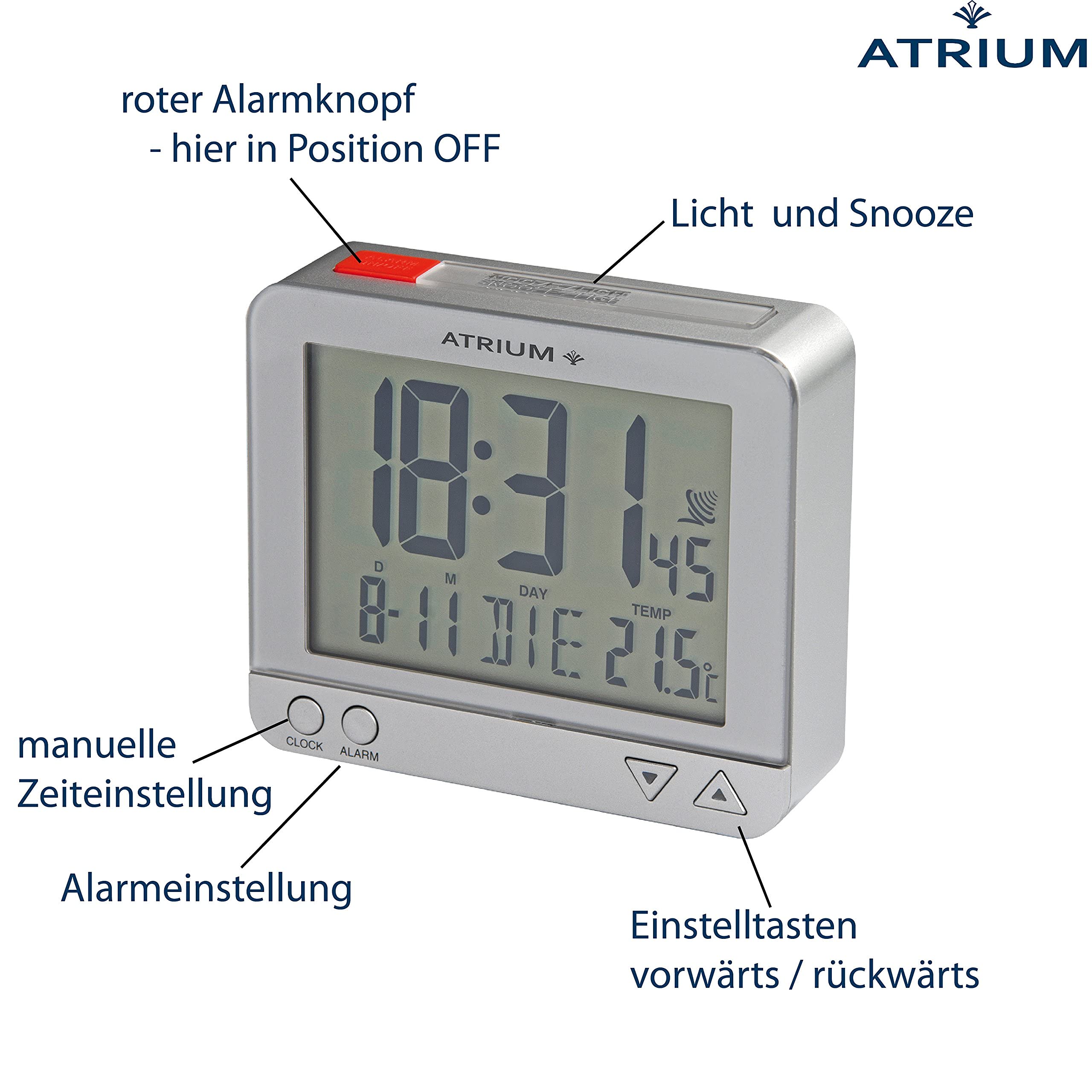 Atrium Funk-Wecker digital Silber sensorgesteuertes Nachtlicht, Obenabsteller, Datum und Temperaturanzeige A760-19
