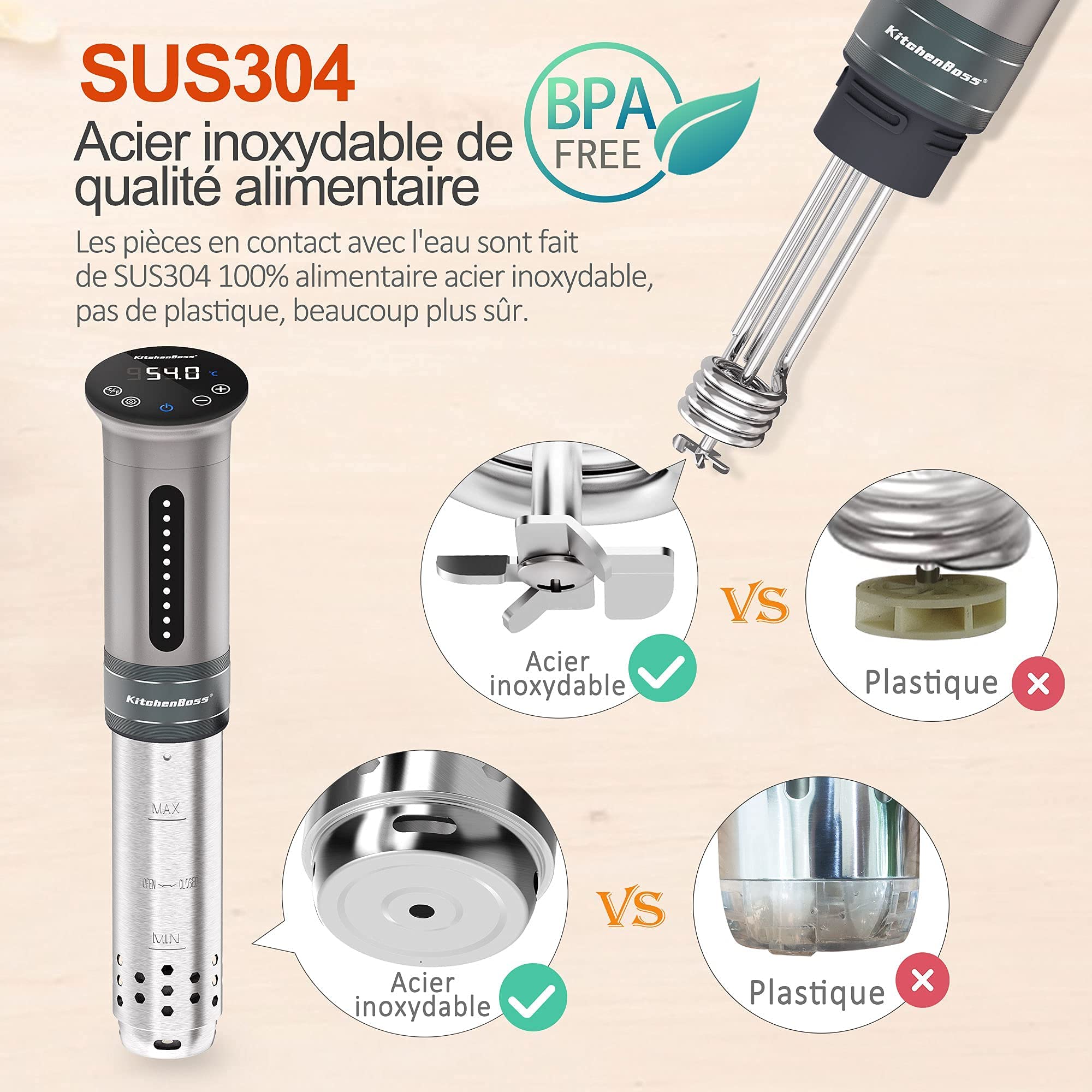 KitchenBoss Cuiseur Sous Vide,1100W, IPX7 Imperméable à l'eau,Calculateur d'Immersion de Cuisinière,Thermostat Réglable pour un Contrôle Précis de la Température